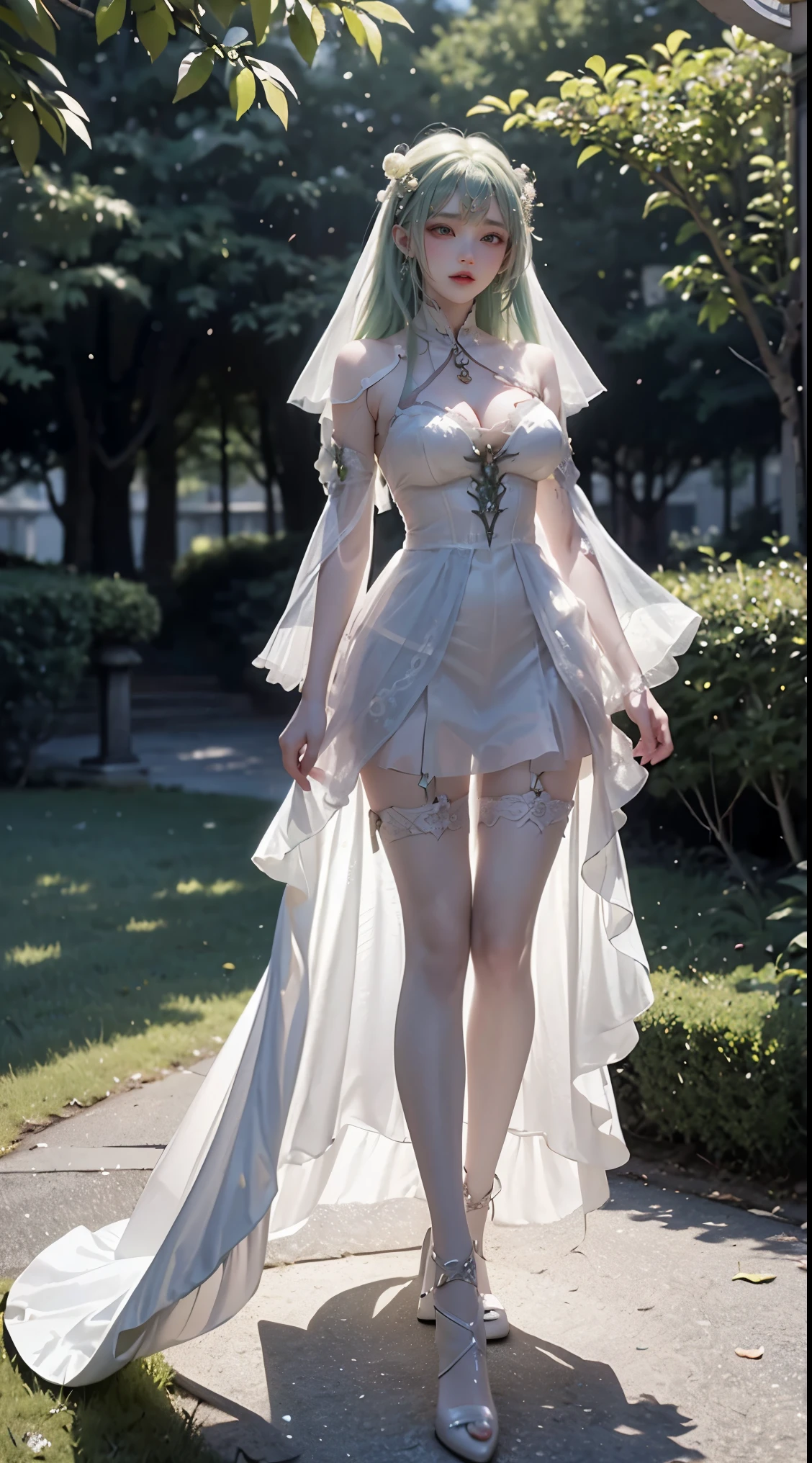 8k, Surreal, masterpiece, best quality, Super detailed, high resolution, random background, 1個Giant Breast Girl, (:1.5), Willow Yao, translucent dress,whole body,High heel,whole body,green hair,translucent wedding dress,garden,white dress,pink hair