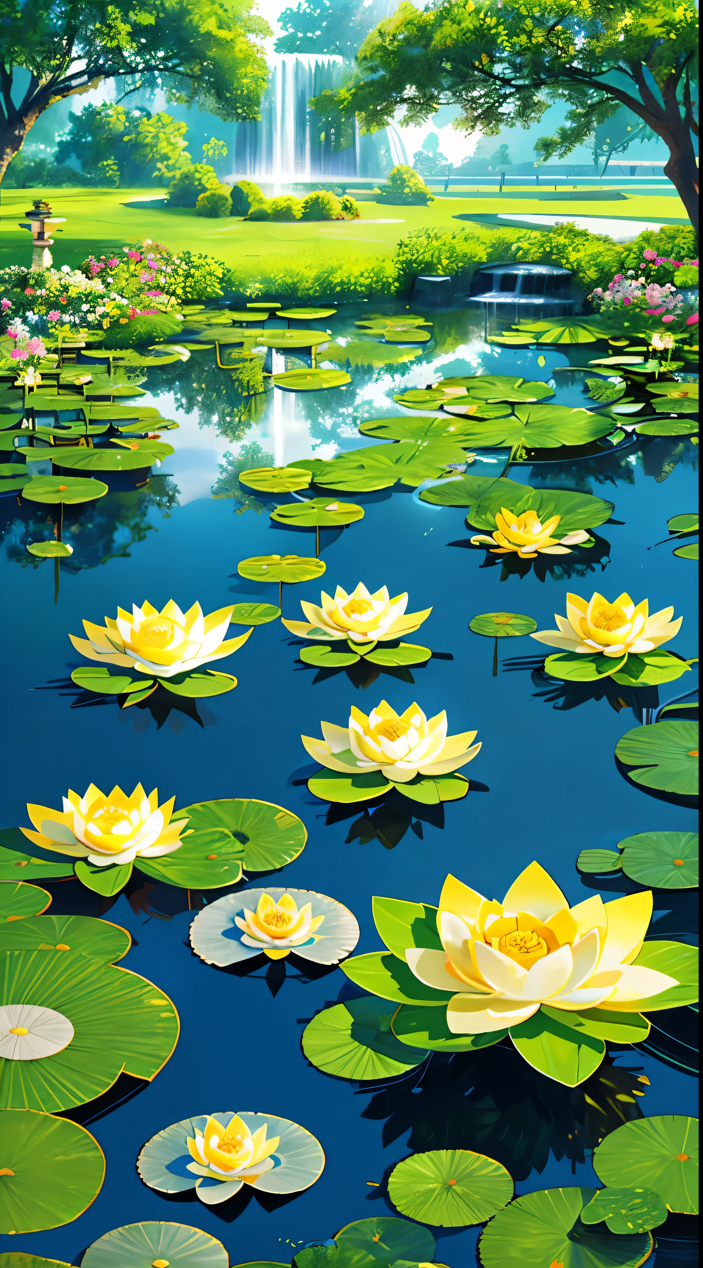 Anime landscapes,summer day,lotuses,ponds,rays of sunshine