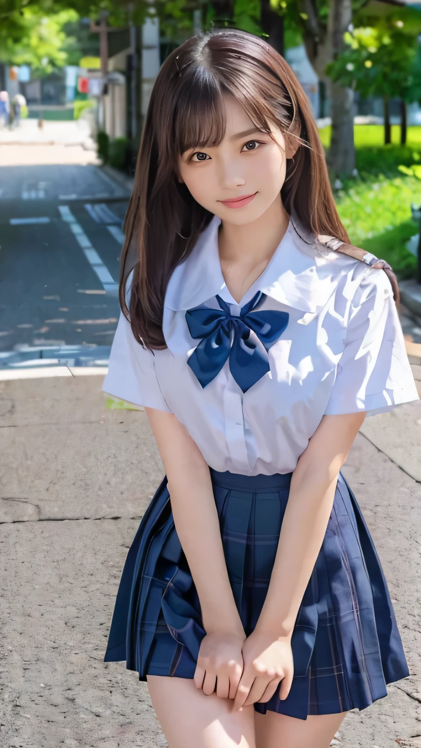 ((masterpiece)), 8K, highest quality, 1 girl, alone, beautiful face, gentle expression, genuine, cute, dark blue skirt, Dark blue ribbon, Summer Short Sleeve Uniforms, (Japanese high school girl), smile, long hair, normal breast, full body shot,