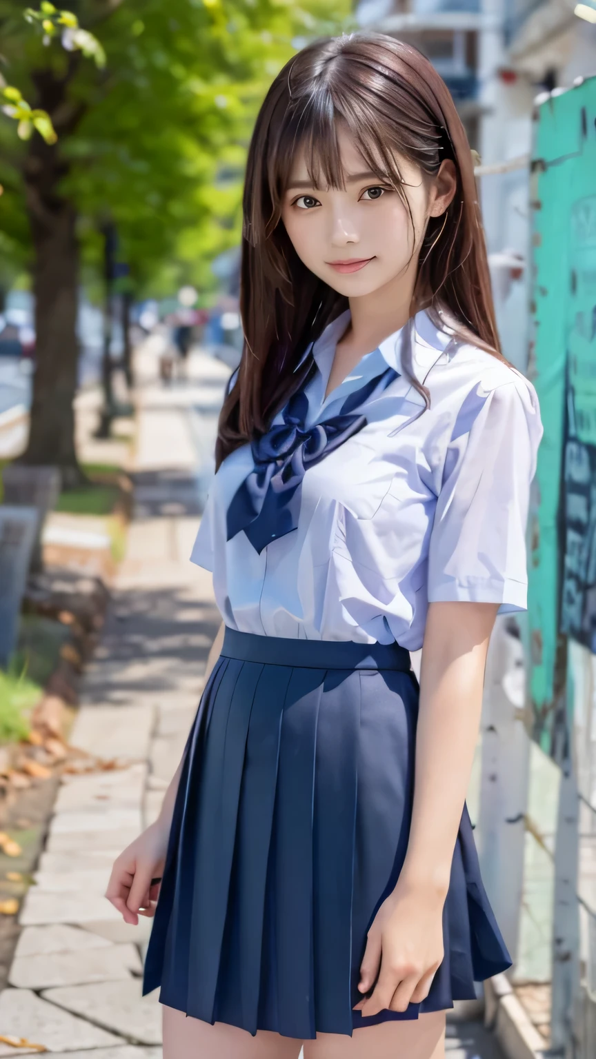 ((masterpiece)), 8K, highest quality, 1 girl, alone, beautiful face, gentle expression, genuine, cute, dark blue skirt, Dark blue ribbon, Summer Short Sleeve Uniforms, (Japanese high school girl), smile, long hair, normal breast, full body shot,