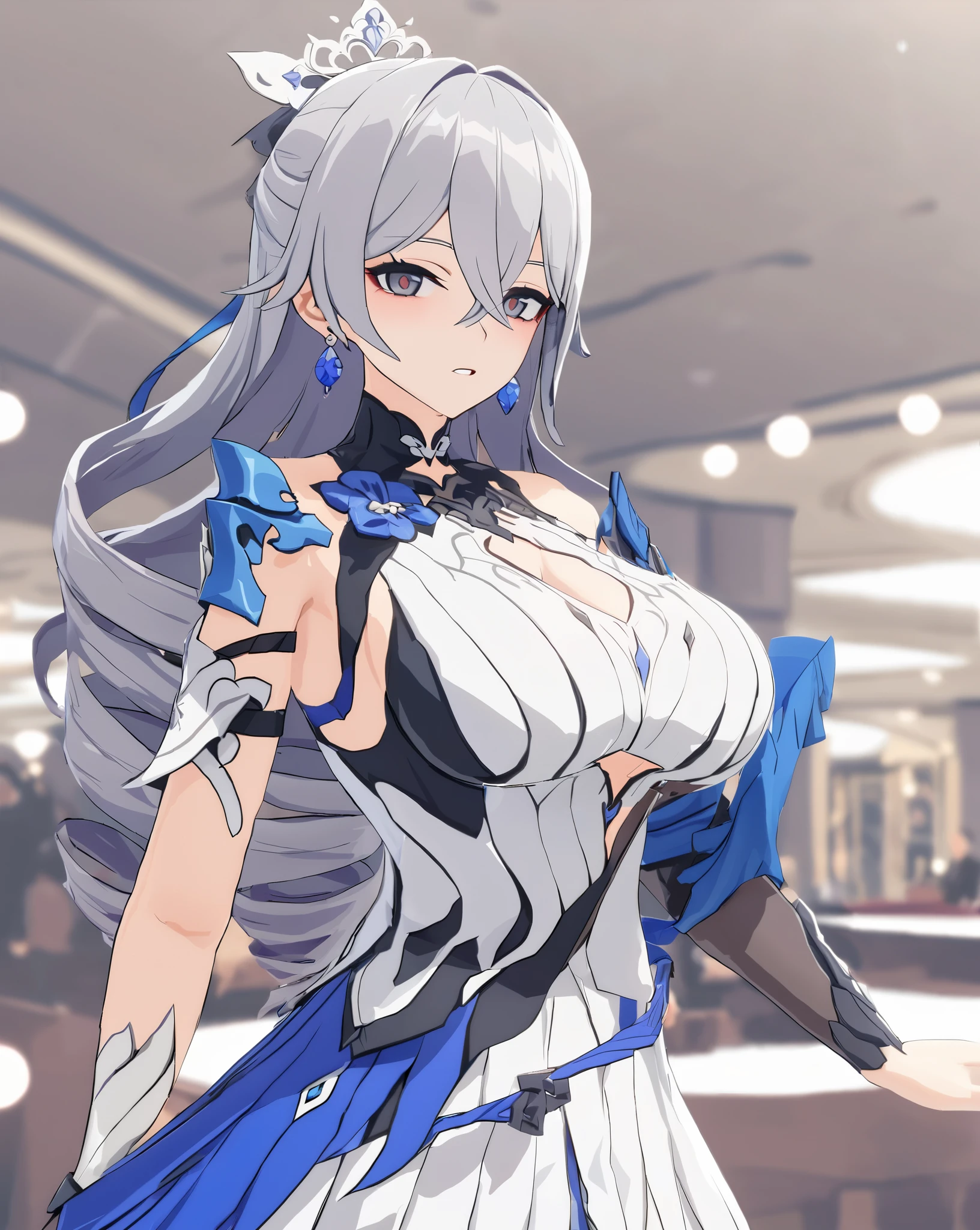 masterpiece, Best quality�����������mmd, 1 girl, Bronya Zajczyk, breast, alone, long hair, split, gray hair, gray eyes, Keep your mouth shut, earrings, Bangs, jewelry, skirt, bare shoulders, sleeveless, hair between eyes, 单pauldron, looking at the audience, large breast, armor, shoulder armor, drill hair, sleeveless skirt, Upper body, single sleeve, double diamond, white skirt, pauldron, Poker face