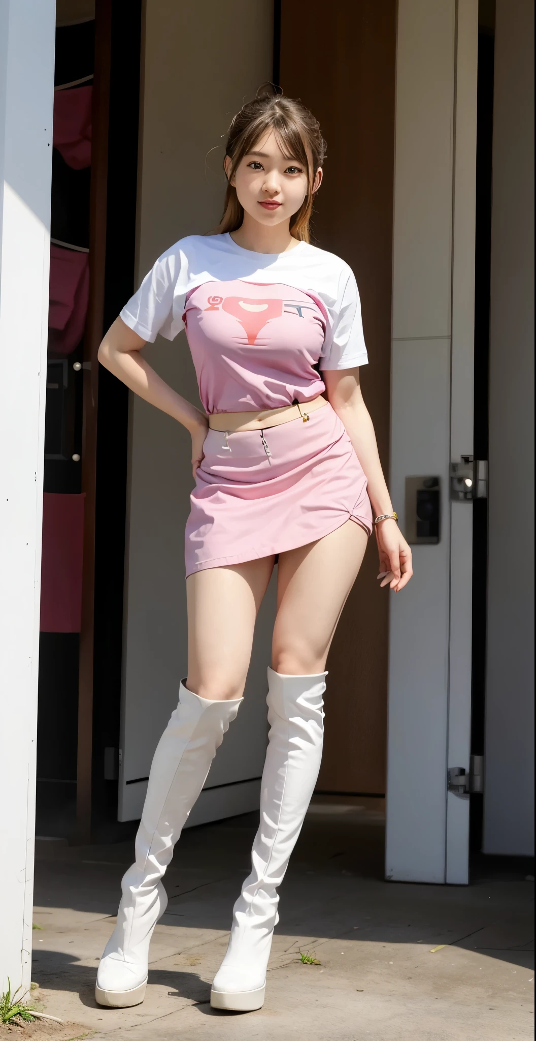 (A girl with short pink hair pink miniskirt curled up in the box: 1.5), (top view: 1.3), white shirt, knees up, legs bent, full body, long legs, (masterpiece), (best quality), realistic, cinematic light, cool pose, perfect figure, high heels,
