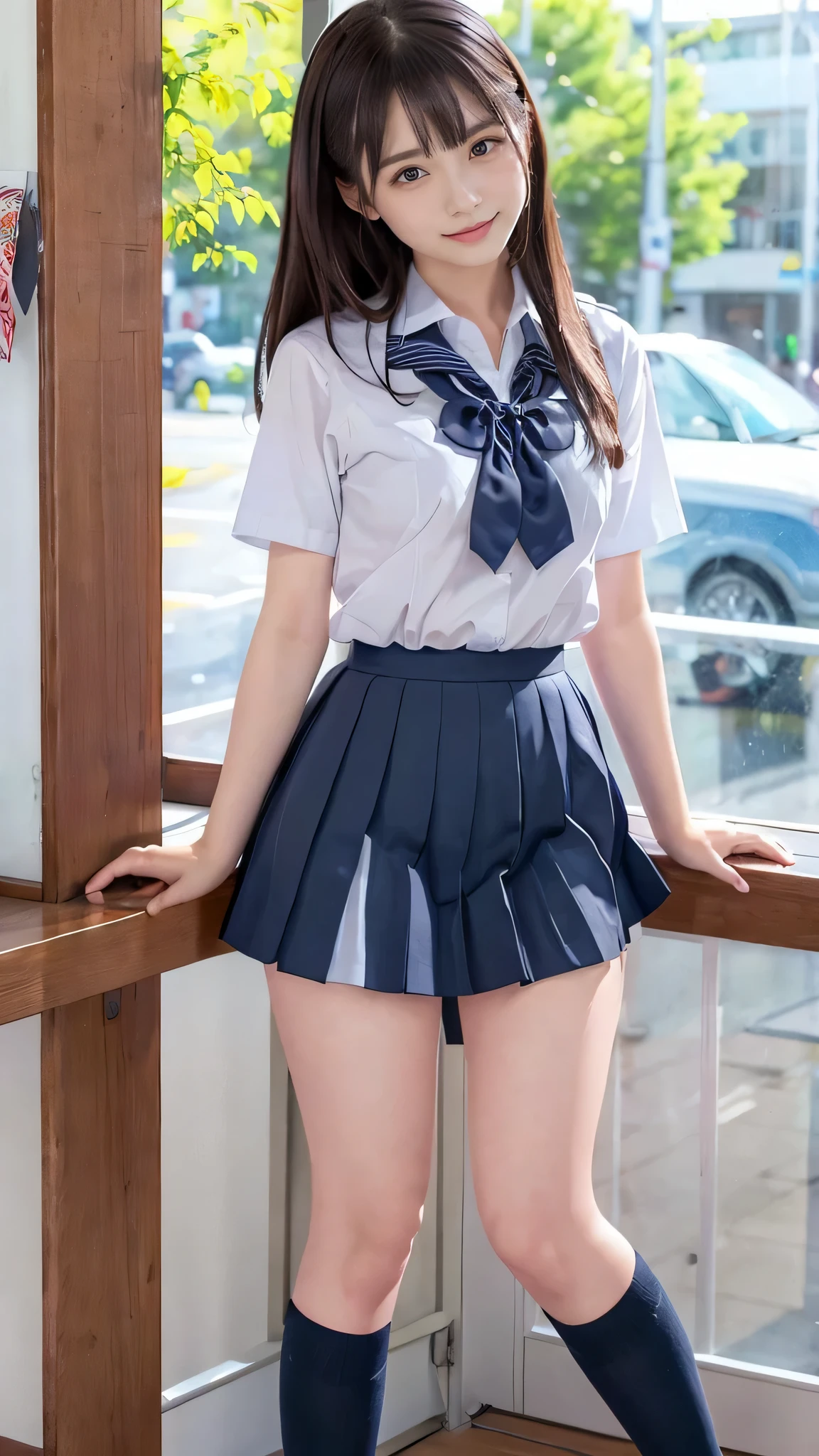 ((masterpiece)), 8K, highest quality, 1 girl, alone, beautiful face, gentle expression, genuine, cute, dark blue skirt, Dark blue ribbon, Summer Short Sleeve Uniforms, (Japanese high school girl), smile, long hair, normal breast, full body shot,