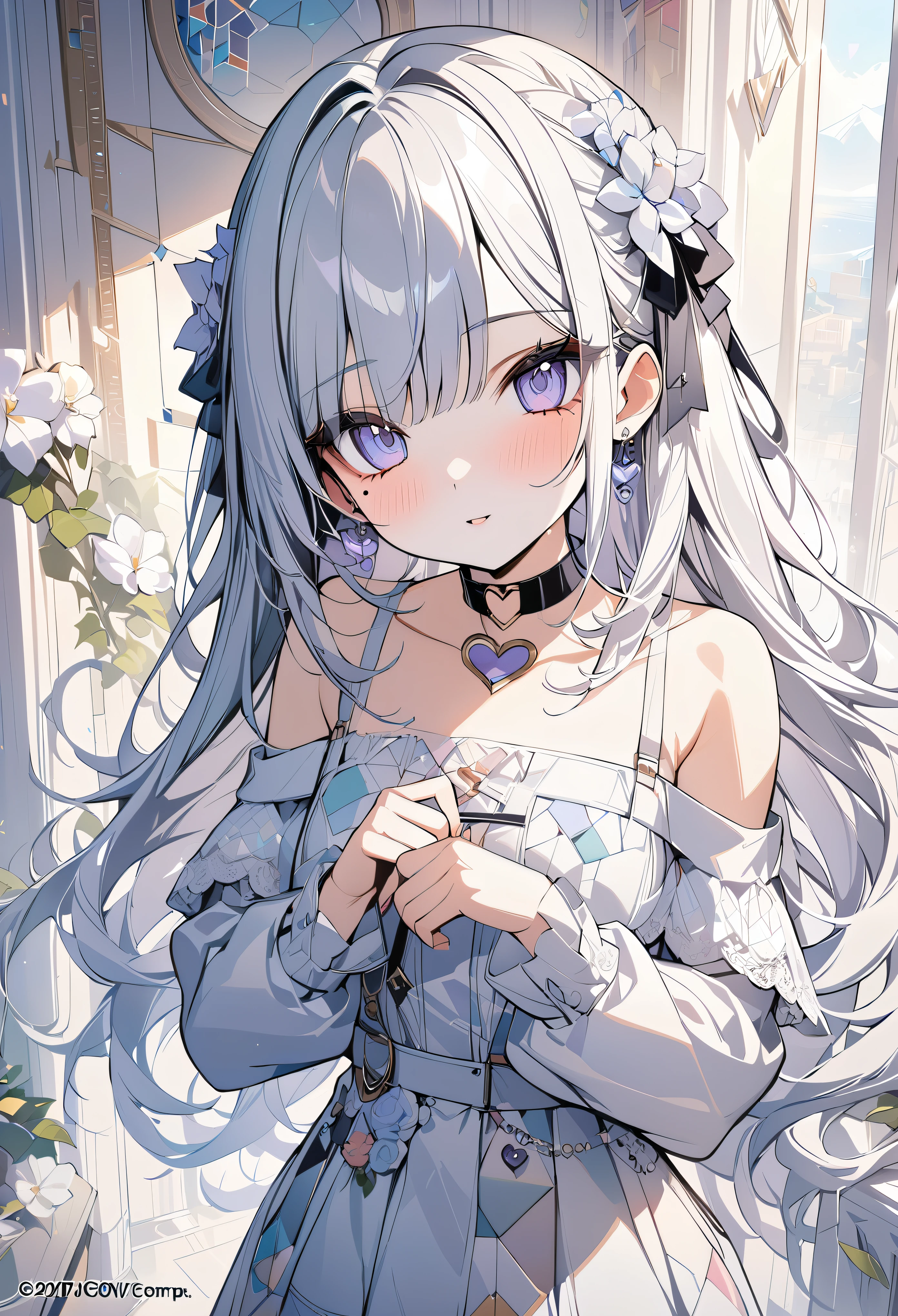 ,beautiful flower々),mole under eye, heart shaped choker, (masterpiece, highest quality), official art, beautiful and aesthetic: 1.2), (1 girl), very detailed, (geometry art: 1.3), colorful