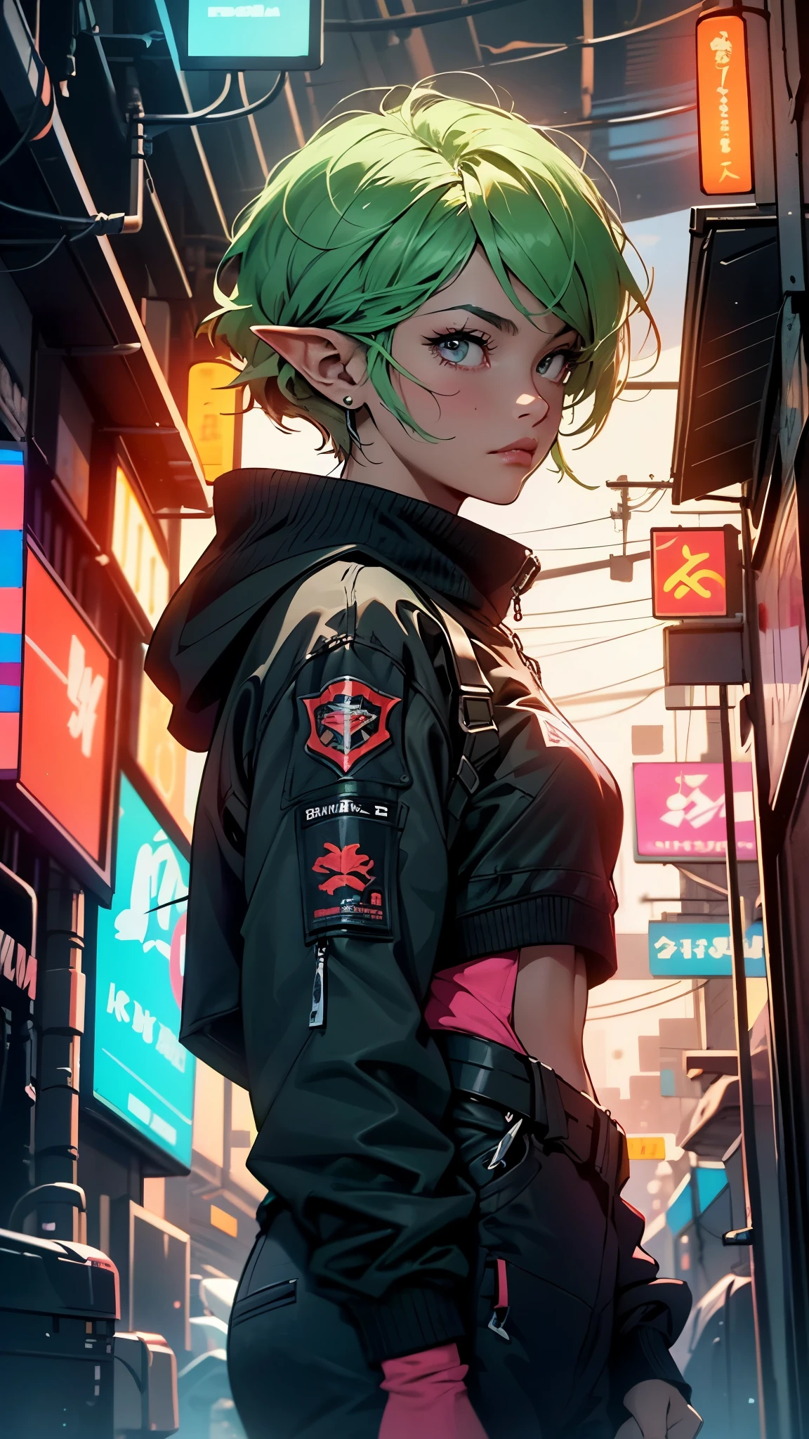 ((Best Quality)), ((Masterpiece)), (Highly Detailed:1.3), 3D, (Cyberpunk:1.3) Zelda cyberpunk link, computer terminal, computer servers, LCD screens, fiber optic cables, corporate logos, HDR (High Dynamic Range) cyberpunk, dark boy, green clothing, green armor, neon green, blond hair, elf, Ray Tracing, NVIDIA RTX, Super-Resolution, Unreal 5, Subsurface Scattering, PBR Texturing, Post-processing,  Anisotropic filtering, Depth of field, Maximum clarity and sharpness, Multilayer textures, Albedo and specular maps, Surface shading, accurate simulation of light-material interaction, perfect proportions, Octane Render, two-tone lighting, low ISO, white balance, rule of thirds, wide aperature, 8K RAW, efficient sub-pixel, sub-pixel convolution, luminescent particles,