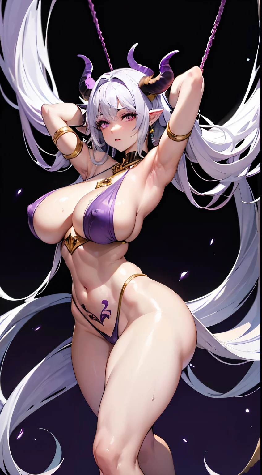 Had four arms hands on body,goddess girl, mega breast wrapped by ropes, pale purple skin, 3 meter tall standing, blacked eyes with purple iris, thicc light muscle body, long tail, long horns, few makeup, sweaty armpits, white haired, tattooed full body from body to legs, worn lot of golden jewelries on body