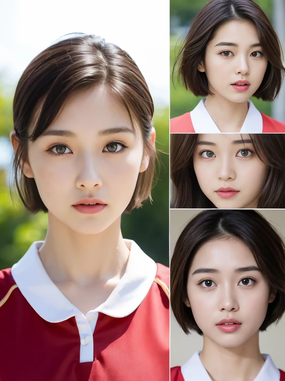 ((top-quality)),(masterpiece:1.4),Raw photography,8K,((Top image quality)), ((Top resolution)),Beautiful face in every detail,Very detailed,Gentle expression,(One lady:1.3 ),realisitic,photo realisitic,(Bery short hair:1.4),(Beautuful Women),(cute Japanese girls:1.3),(mannish),((Pretty Woman)),(Beautiful hair),((dark brown hair)),(((Red cheeks))),((Her eyes are big)),20-year-old beauty,(her face is small:1.7),small head,((long neck)),pale skin,Spot-free skin,With bangs,Everyone longs for,Japanese Beautuful Women,(eight heads tall),((basketball red uniform,skinny body)),face focus , look at camera,
