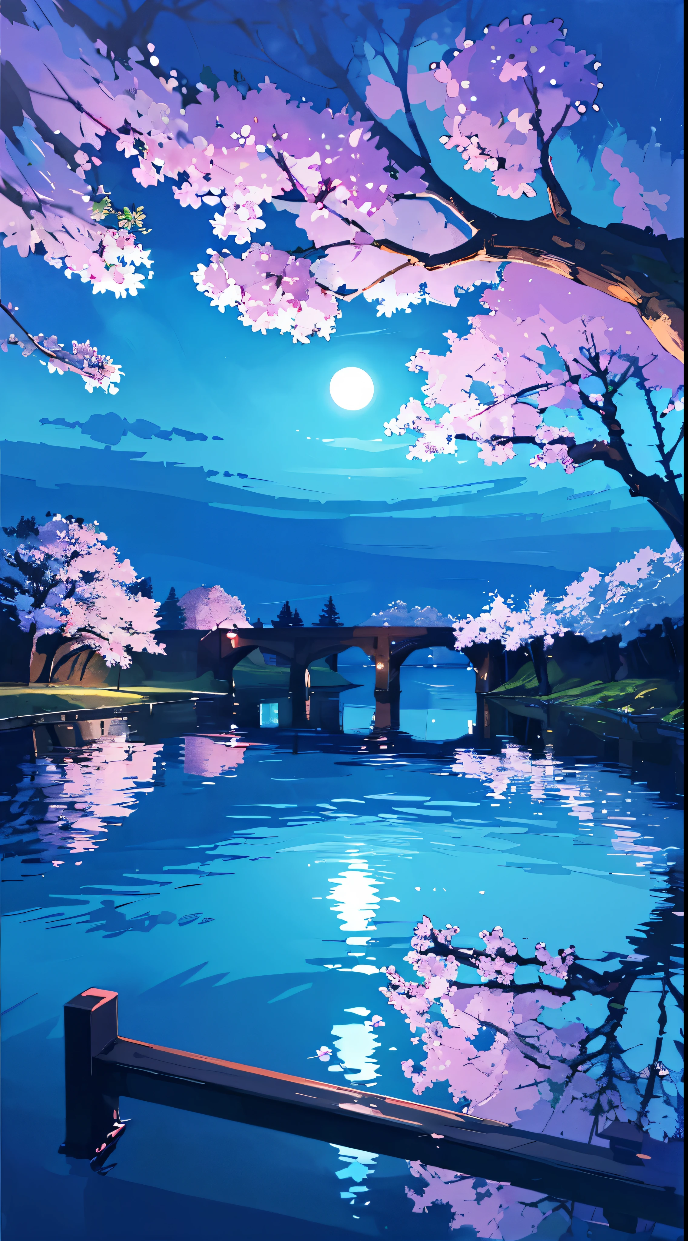 the night，Light blue cherry blossom tree，light blue tree，Full moon，waterface，trees growing on water，inverted image，There is no land