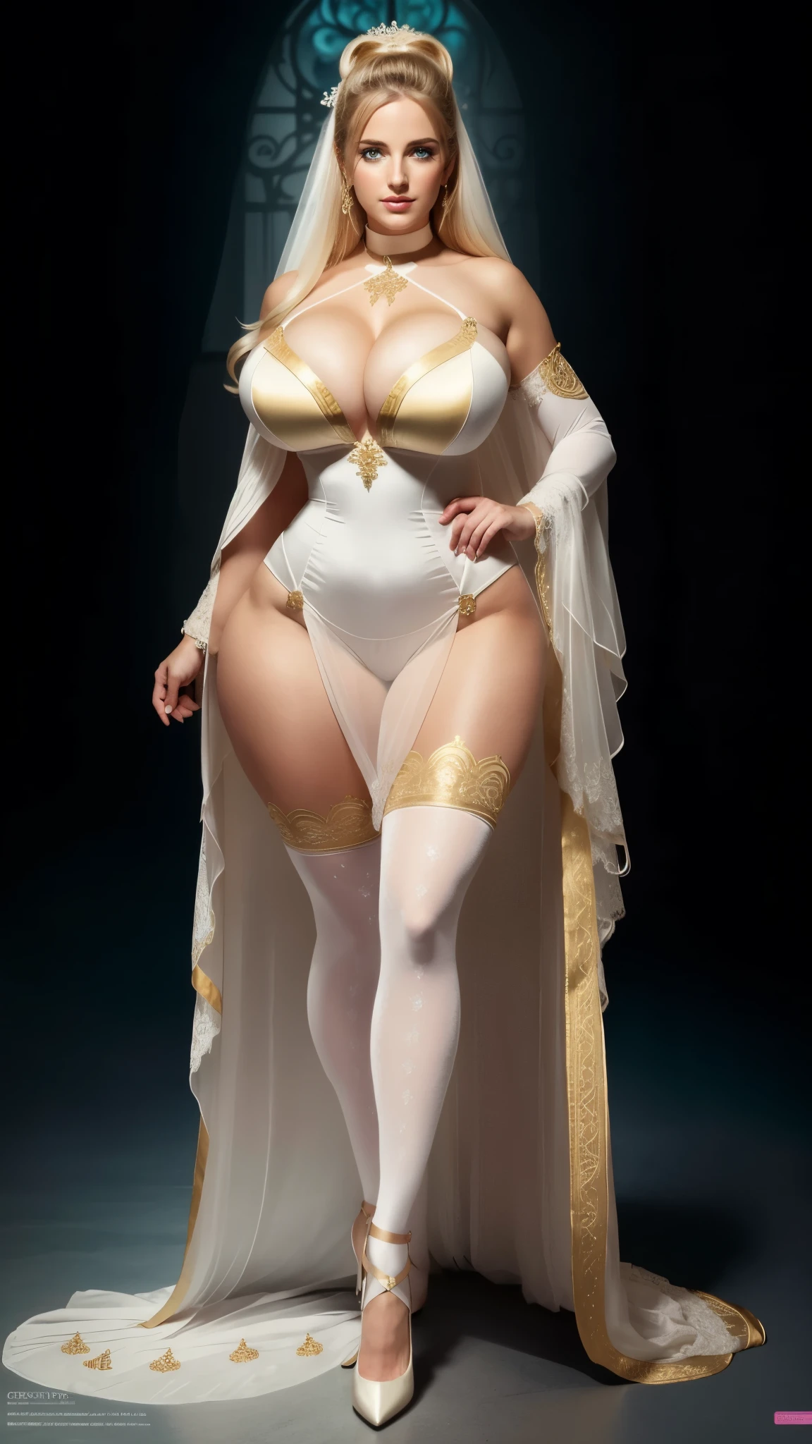 Full body, masterpiece, highest quality, (perfect face:1.1) , (high detail:1.1), dramatic, female triplets, breasts, white hair, red eyes, cleavage, long hair, curvy, large breasts, moon, see-through, night, dress, thighs, navel, white dress, laced choker, bare shoulders, wide hips, thick thighs, lips, covered, laced robe, pelvic curtain, laced pelvic curtain, toned pelvis, toned hips, milky hips, navel piercings, body piercings, huge breasts, muscles, big biceps, thigh muscles, bruised knees, white Heels, white sandals, body piercings, Chun Li thighs, string panties, castle, detailed background, art by artgerm and greg rutkowski, cinematic lighting