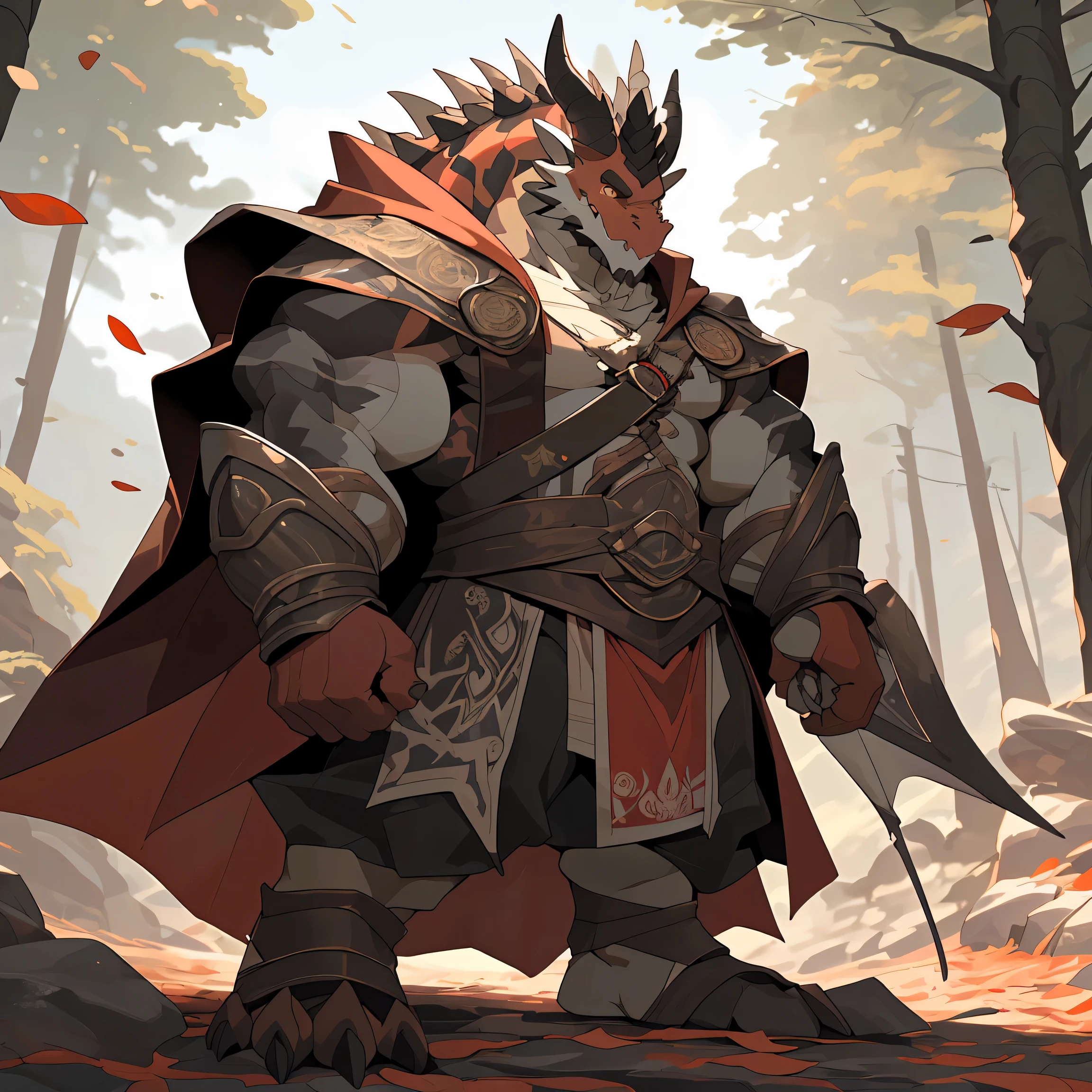 standing on a mountain trail，fallen leaves, Artie Green 8K, Inspired by Sylvain Sarrailh, Makoto Shinkai Cyril Rolando, Concept Art Wallpaper 4K, digital concept art, Cyril Rolando and Goro Fujita, Inspired by Artie Green&#39;perfect anatomy, (ultra deTailed), sharp focus, Eye, amber Eye, hairy, There are brownish-red hairs on the head, Brownish-red beard, human nature (dragon), male, middle aged, orange-red body, white belly, Tail, black corner，brown-red eyebrows，Muscular and big, big man，bare breasts，knight clothing, red cherry long cloak, whole body，ultra deTailed face, depth of field, motion blur, high deTails, high quality, Award-winning, HD, 16K, (best quality,4K,8K,High resolution,masterpiece:1.2),ultra-deTailed,actual:1.37,HDR,UHD,studio lighting,extreme deTail description,professional,bright colors, ((masterpiece)), (((best quality)))，illustration, environmental change scenarios, Chatongbetalora, (simple 后退ground, white 后退ground: 1.3) information