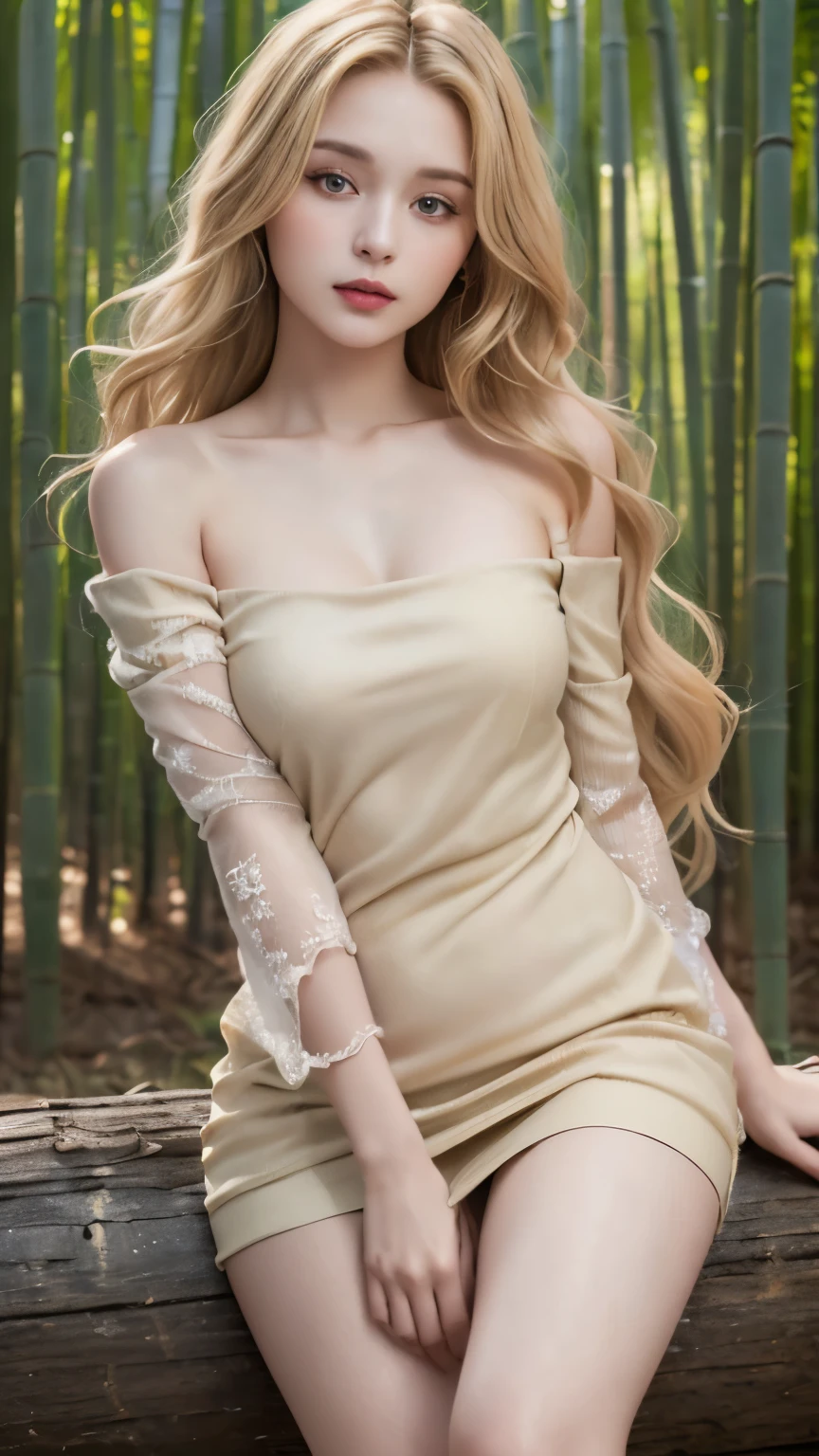 ((best quality, 8 thousand, masterpiece:1.4)), (20 year old woman), ((very small face:1.3)),  Highly detailed face and skin textures, detailed eyes, (Italian woman), (blonde wavy very long hair:1.3), (Open shoulder bare sleeve neck polar dress:1.4), Thin legs, glamorous body, bamboo panda background, thighs, Transparent stockings, very big breasts, 