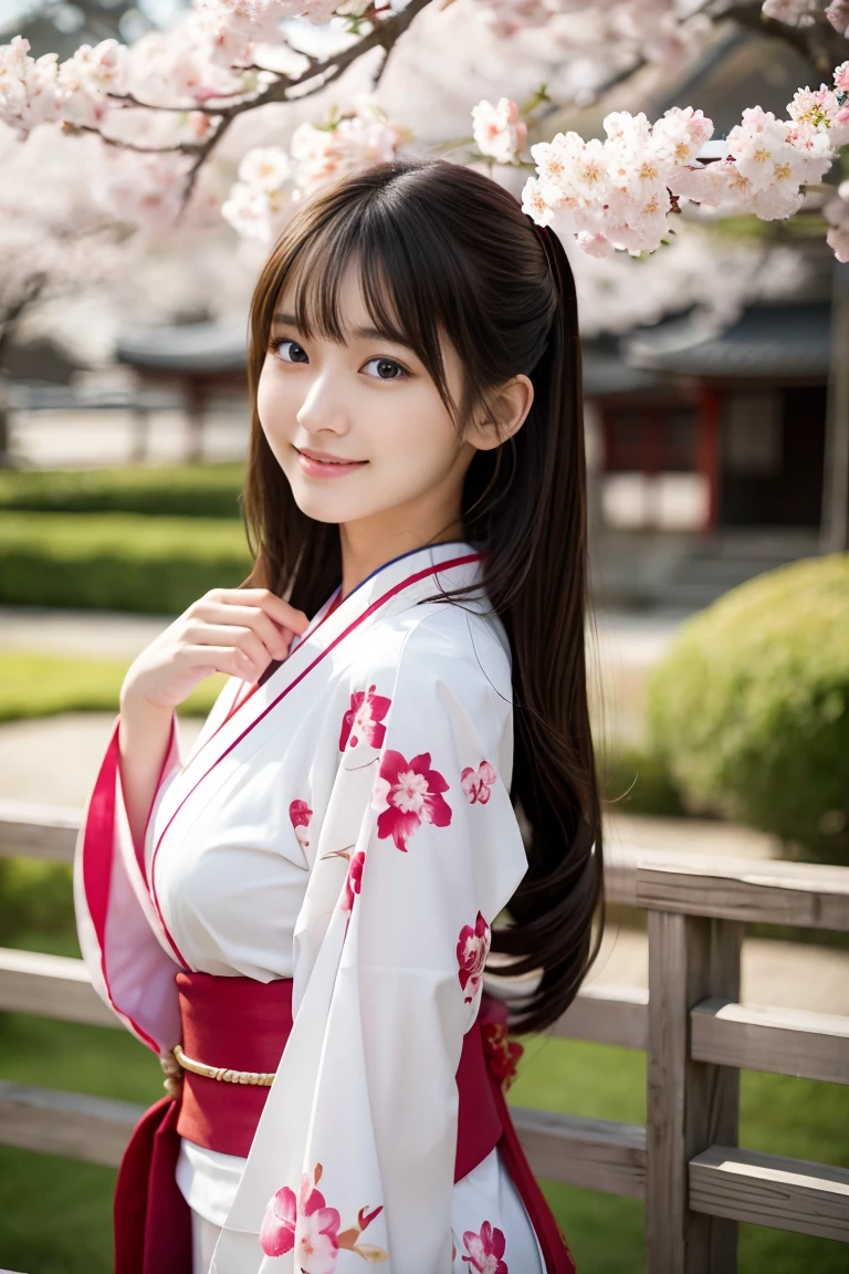 8K,highest quality,Super detailed,masterpiece,real,{{{写真real}}},live-action,Highly detailed cute girl,1８age,one,sophisticated gravure idol,young gravure idol,Young pretty gravure idol,realなヤンググラビアアイドル, young skinny gravure idol,ruddy lips,look at the audience,{{full body photo:1.７}},Cute girl in kimono, A kimono with long hanging sleeves worn by unmarried women,traditional japanese kimono, Kimono with cherry blossom hem pattern,Clean long black hair:1.7,pony till:1.1,beautiful face:1.3,perfect proportions:1.2,mega breast:1.３,textured skin,very cute smile:1.3,slender face:1.7,sexy look,from the front:0.7,bare hands,symmetrical eyes,The face is illuminated,to the hem of the kimono,{{full body photo:1.7}},Low - Angle:1.７,Garden of Horyuji Temple、Soft spring sunshine、 