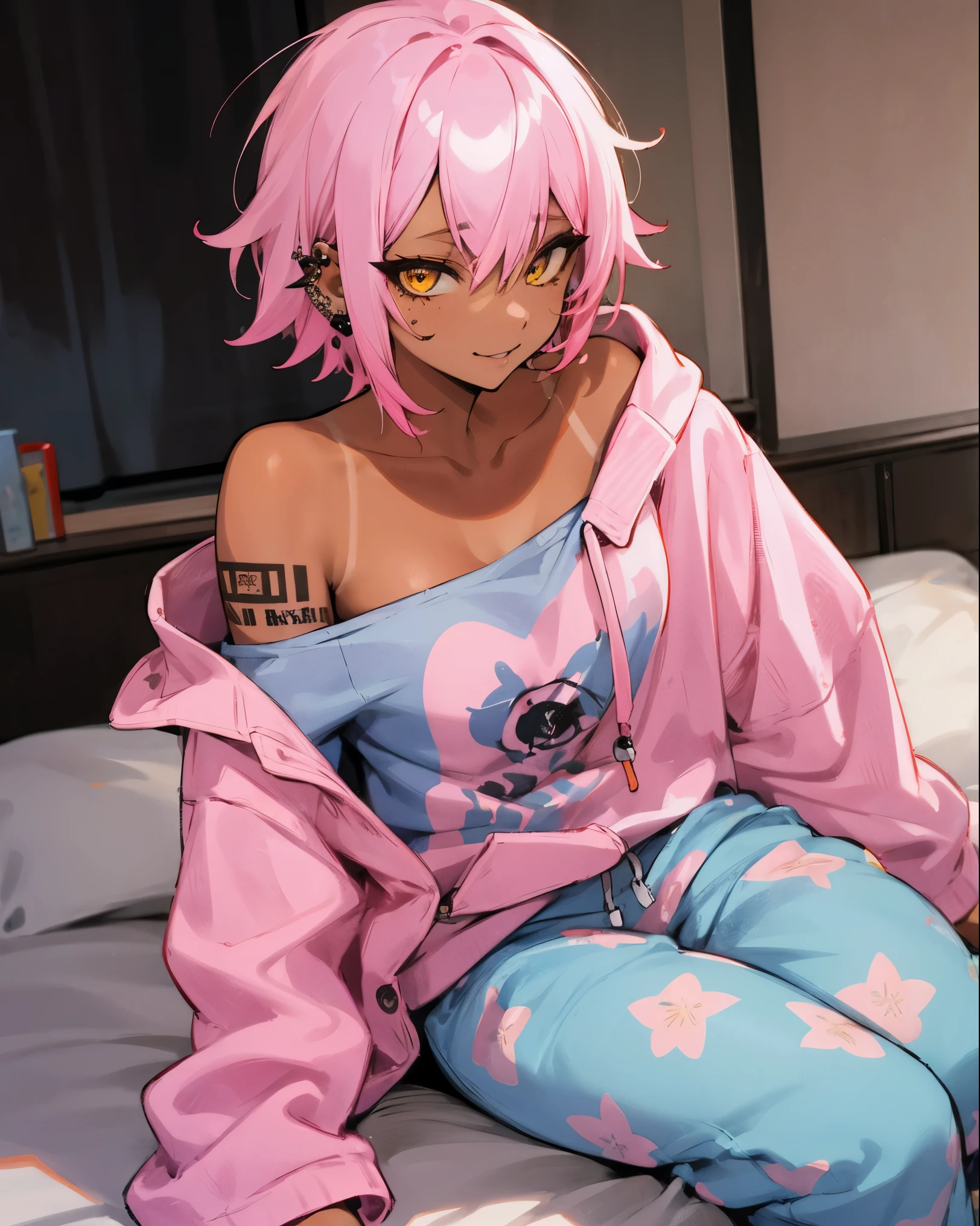 1female, tan skin, finely detailed yellow eyes, messy short pink hair with blue streaks, tattoo, piercings, off-shoulder hoodie, open pajama shirt, bedroom, pajama pants, delinquent, tokyo, sexy, alluring expression,