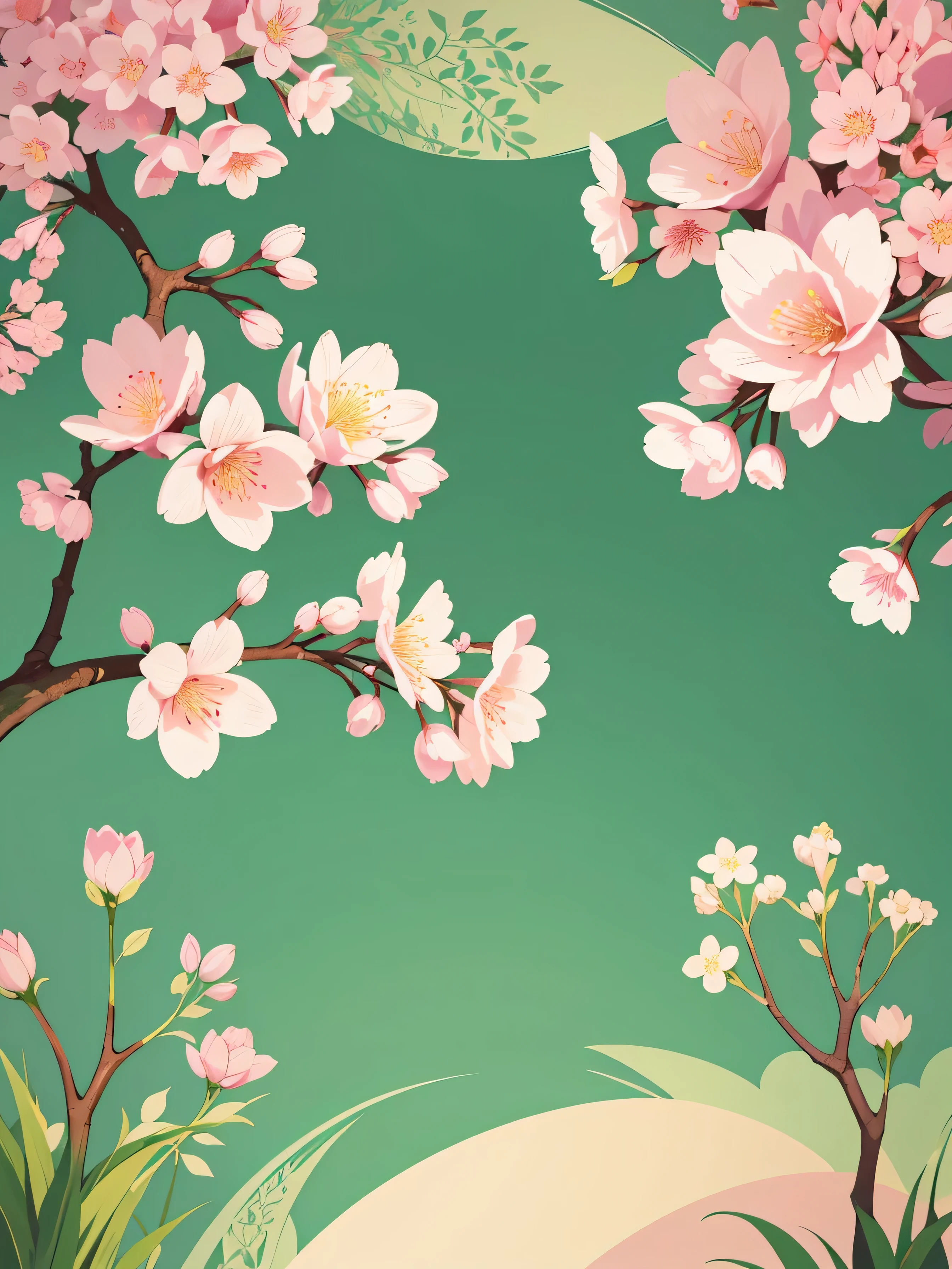 Samivel vector drawing, Retro poster, vector poster, cherry blossom tree, green grass, Inspired by Samivel. pastel color, soft color, muted colors, no people, no figures, high quality, very detailed, landscape, wide angle