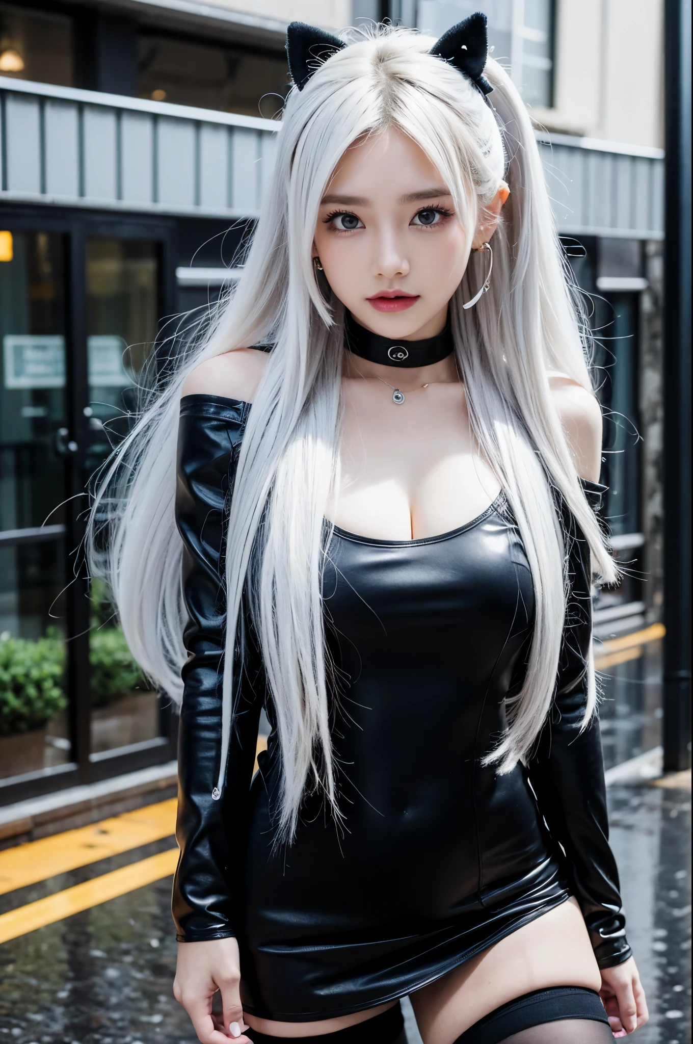Masterpiece, Best quality, In the rain, In the cyberpunk city, Real, Photo, Huge_filesize, gyaru, tchibi, Long hair, White hair, Wet hair, Disheveled hair, sanimal ear fluff , Laughing, Blue eyes, Medium breasts, Sleeveless dress, white thighhighs, knee_Boots, ribbon_choker necklace, necklace, half gloves , Earrings, Turning around,