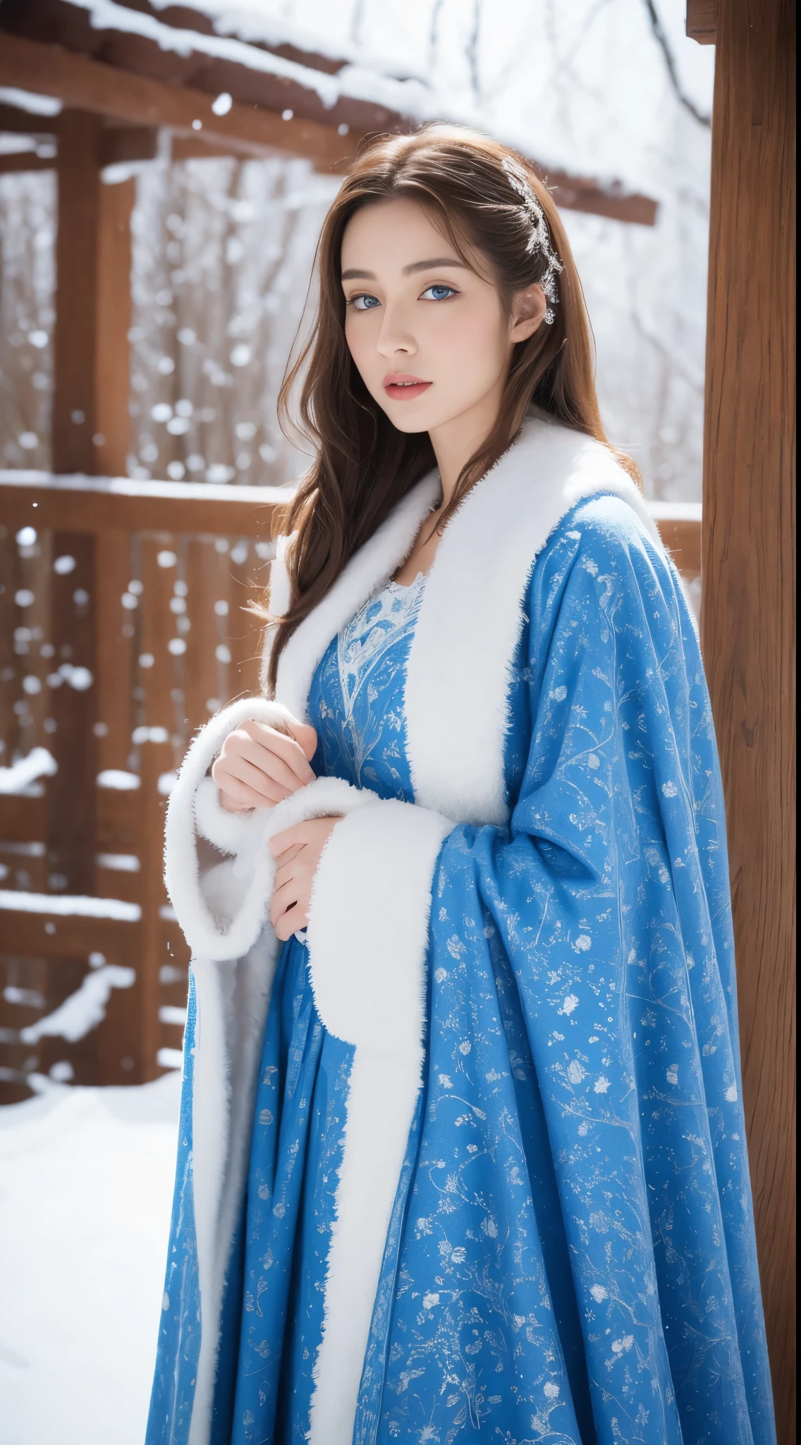 (Best quality, 8K, 32K), (High intaglio printing model),Photorealistic, high resolution, 1 Japan Women, Solo, (Lolita costume),Gorgeous costumes,Face the audience,(The upper part of the body,upper legs), beautidful eyes, Brown hair, ringed eyes, (outside,Heavy snowfall,Thick fur cape,Cover with snow),snowfield,Blue eyes,Illustrations of the highest quality,A meticulous face