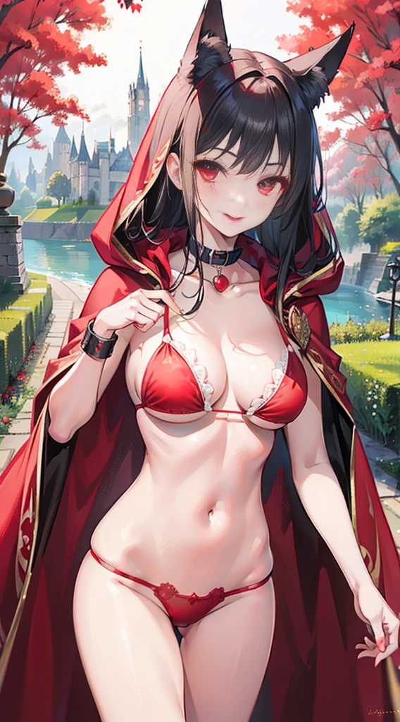 high quality, masterpiece, super detailed, 1 girl, extremely detailed faces,Red lace bikini，red cloak，princess crown，Calm expression,bright red lips，Smile，handcuffs，collar，long black hair, charming pink eyes, fox ears,  castle，garden，waterside，