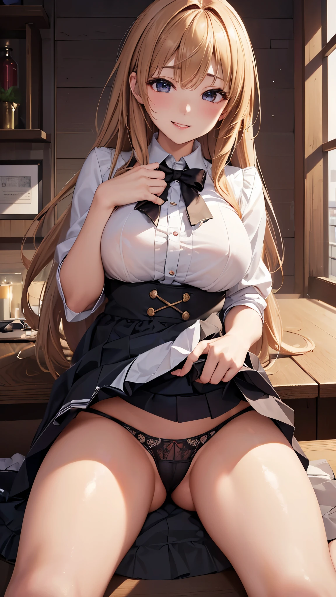 ((highest quality、High resolution、Highly detailed CG Unity 8K wallpaper))、detailed face、perfect body、unparalleled beauty、beautiful breasts、open your legs、Embarrassing erotic smile、I'm seducing you、I'm inviting you to have sex、((She lifts up her skirt and shows her panties))