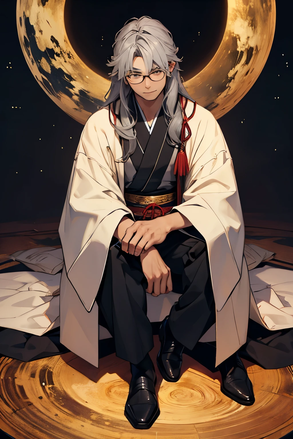 cosmic perspective,earth background,長いmale,male,gray hair,Japanese,long hair,Wearing gold-rimmed glasses,sitting,front、Face bigger