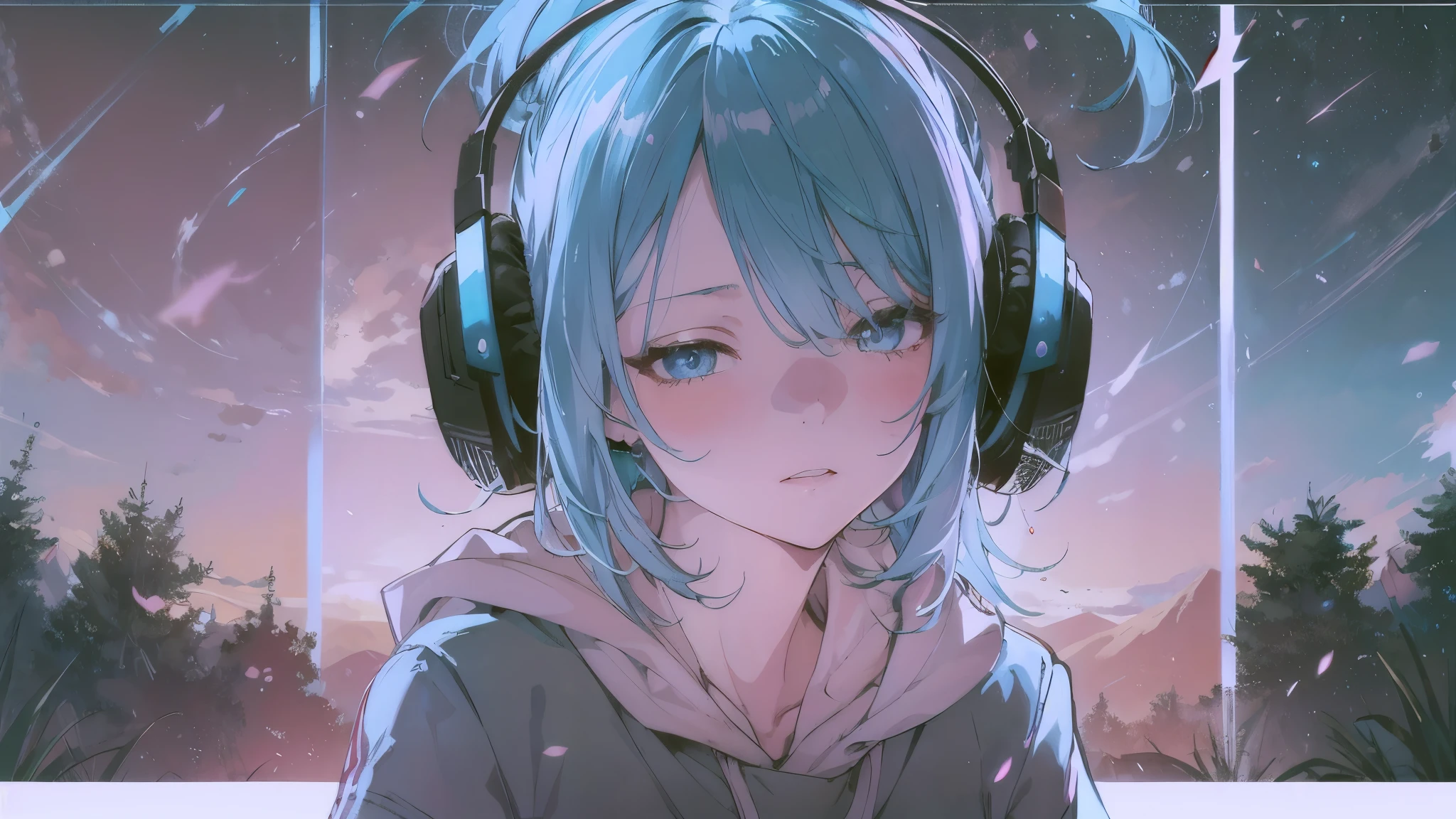 A woman sits in the center of a hill overlooking a starry sky　the plants sway　　blue hair、、A starry sky fills the entire screen.、女の子のback view。woman is wearing headphones 4k, sad,、Bowater&#39;s art style、beautiful digital illustrations、beautiful character painting、Stunning Anime Face Portrait Mikudayo, official artwork, lofi girl, praise art style,, halfbeak, anime atmosphere, Anime style mixed with Fujifilm, digital anime illustration, anime wallpaper 4k　Girl with headphones Blue haired woman　put on headphones;　　　high resolution　high quality　beautiful realistic sky　The sky is the main　back view　back view　The scenery is the main thing　The scenery is the main thing