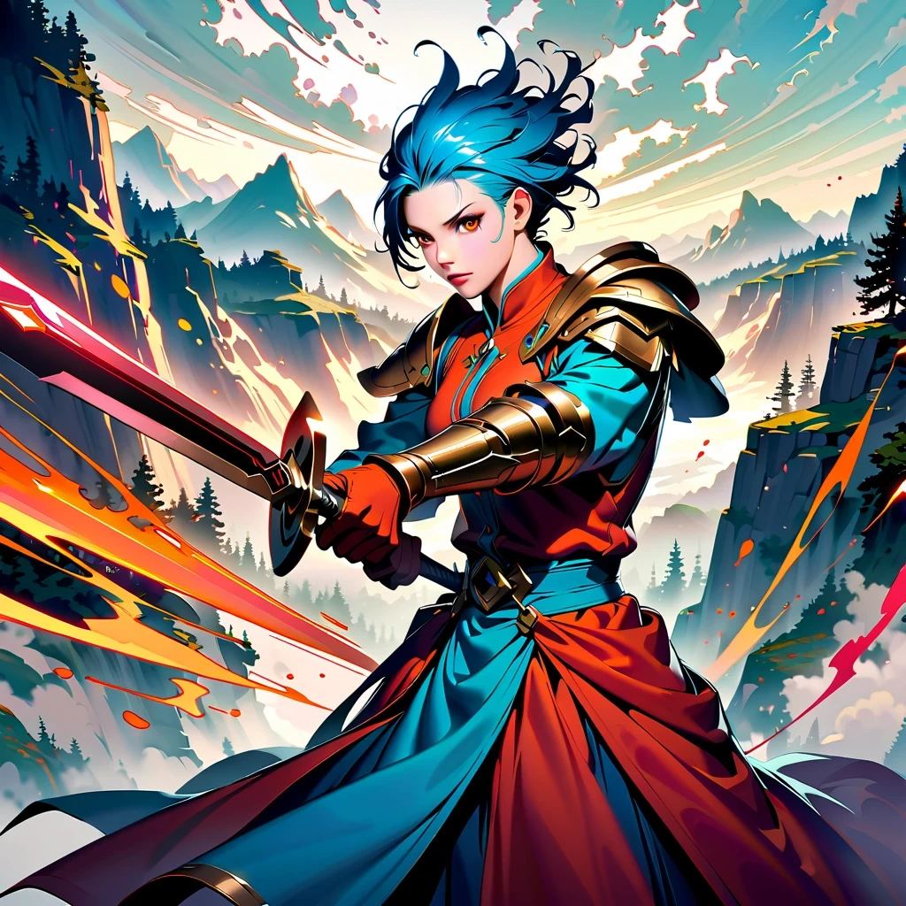 inspired by comics, warrior, historical fantasy, brave personality, customary clothing, Well designed and sharp blade, firm eyes,firm eyes, animated gesture, theater lighting, Brilliant color combinations, Enhance contrast, majestic landscape background, foggy environment, Full of activity, Vibrant artistry, traditional oil painting look, Superior resolution, Highly detailed features, Expert craftsmanship.