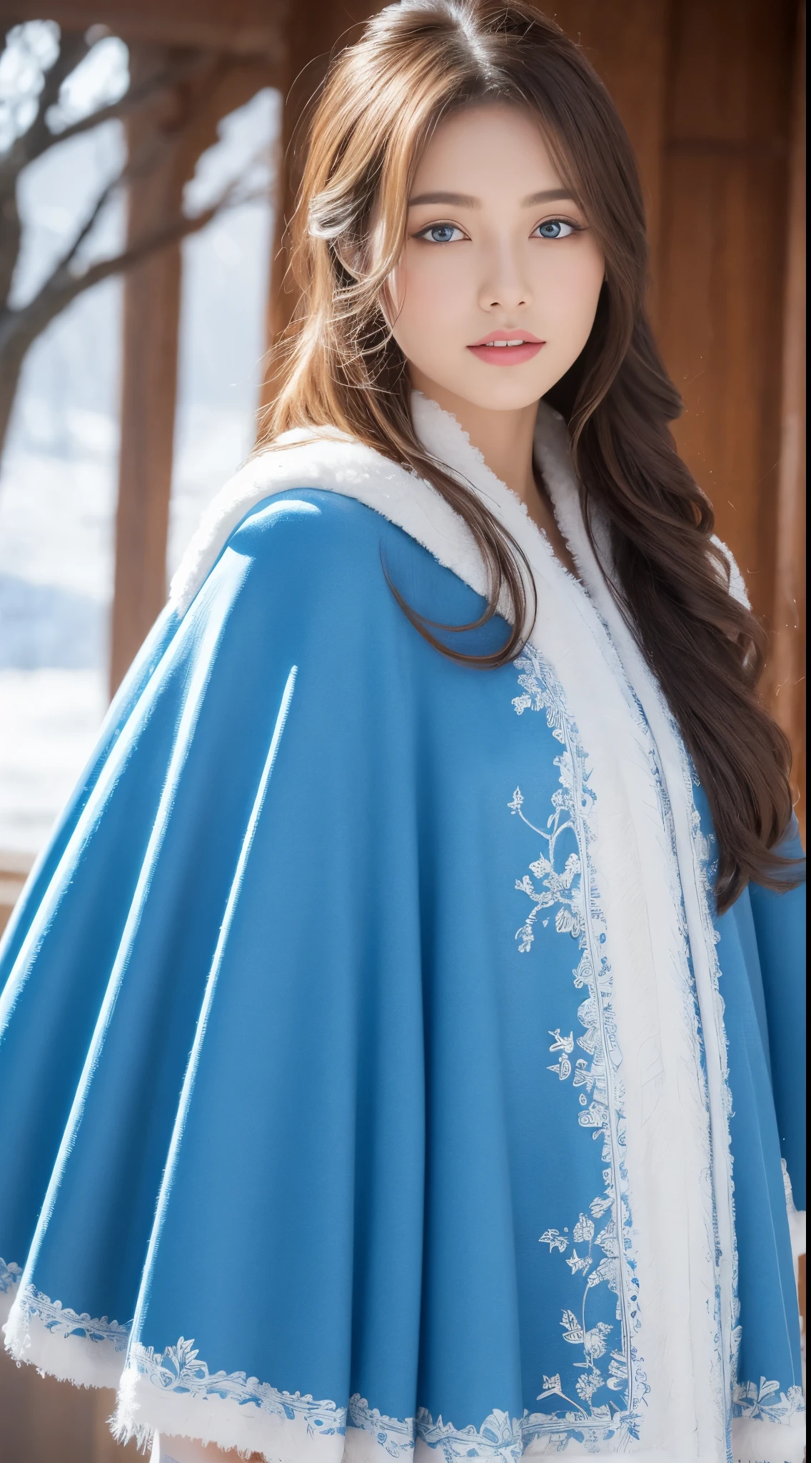 (Best quality, 8K, 32K), (High intaglio printing model),Photorealistic, high resolution, 1 Japan Women, Solo, (ta costume),Gorgeous costumes,Face the audience,(The upper part of the body,upper legs), beautidful eyes, Brown hair, ringed eyes, (outside,Heavy snowfall,Thick fur cape,Cover with snow),snowfield,Blue eyes,Illustrations of the highest quality,A meticulous face
