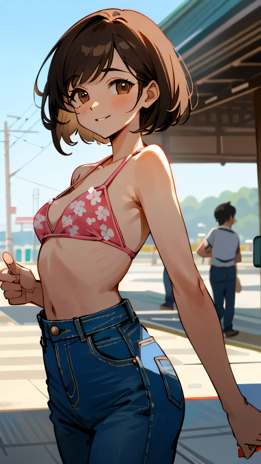 (Best quality, dynamic lighting, highly detailed) Brown haired young woman, mature, beautiful, bob hair, brown eyes, chubby, small to medium breasts, floral pink bikini, high waisted denim shrots, smiling brightly, japanese train station, beach, blue sky.