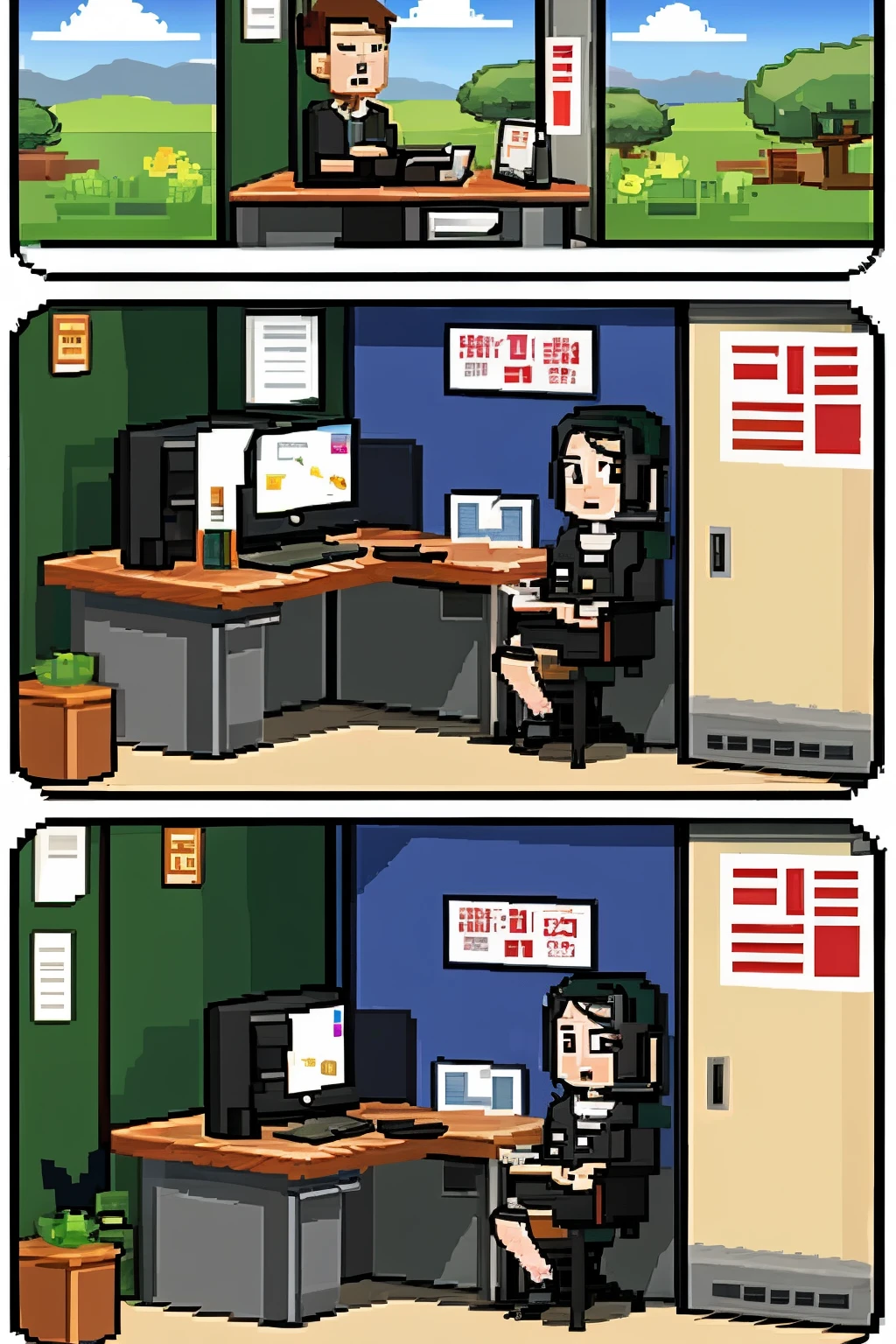 an office cubicle space in pixel art that looks like an information technology helpdesk in the military. the main character should look korean and have a dialogue box asking "Do you have a ticket?"