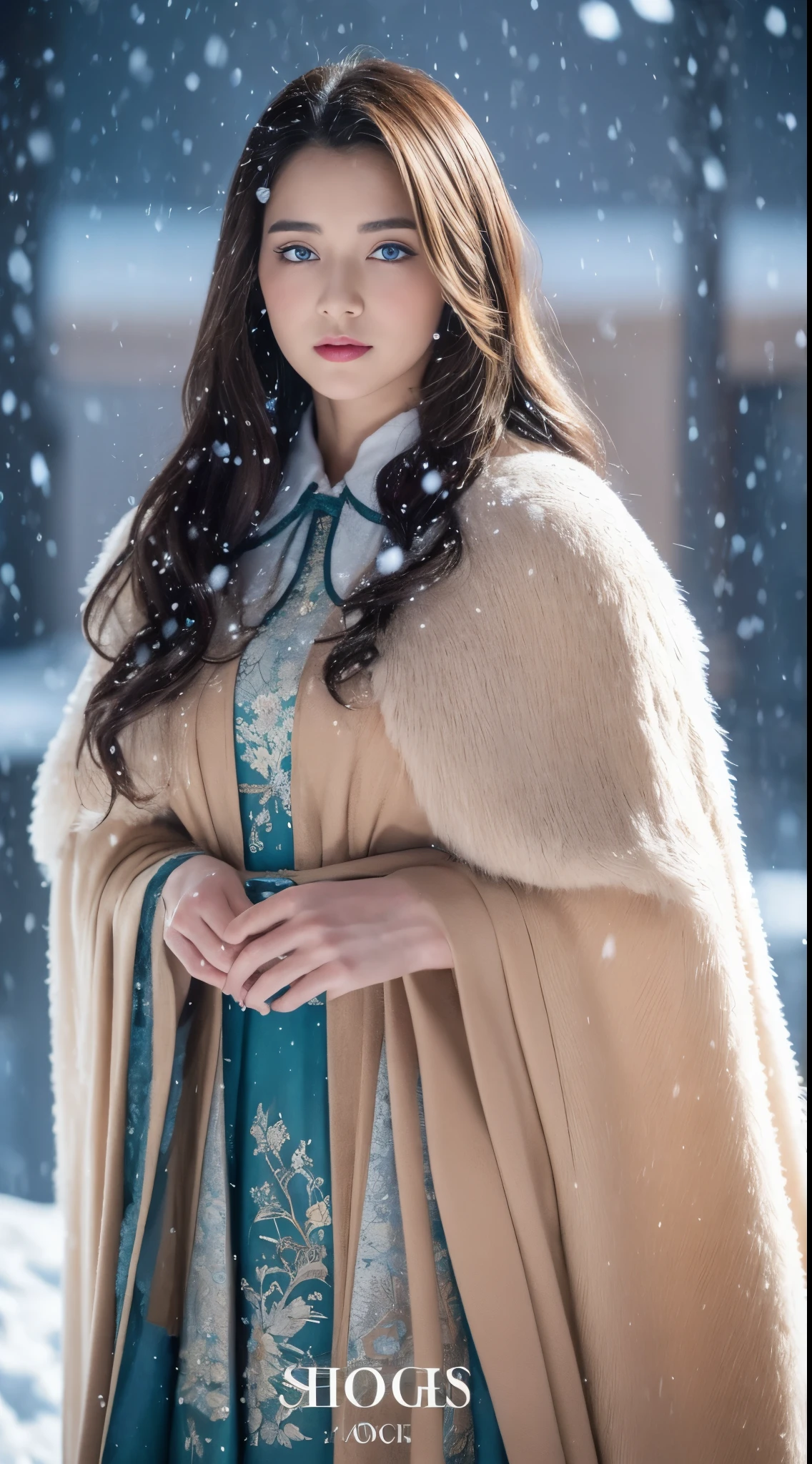 (Best quality, 8K, 32K), (High intaglio printing model),Photorealistic, high resolution, 1 Japan Women, Solo, (Lolita costume)，Gorgeous costumes，Face the audience，(The upper part of the body，upper legs)， beautidful eyes, Brown hair, ringed eyes, (outside，Heavy snowfall，Thick fur cape，Cover with snow)，snowfield，Blue eyes，Illustrations of the highest quality，A meticulous face