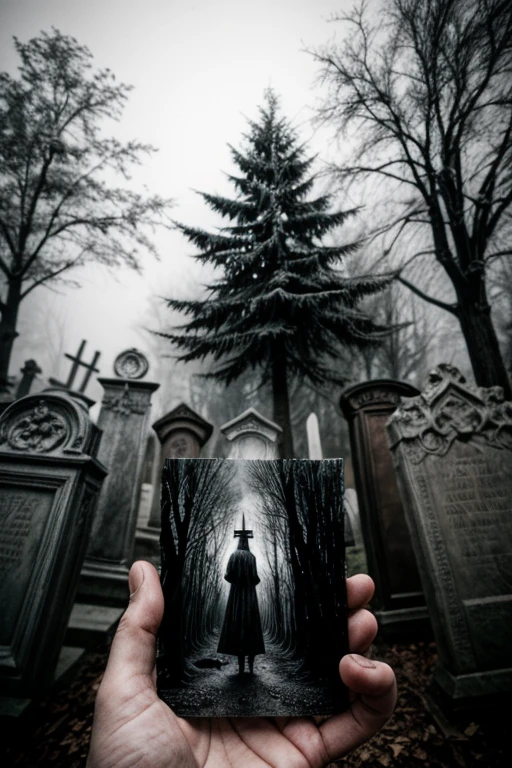 I want a frame square,It should be medium and small, also black and made of wood..The frame should be thick and should not spill over into the frame; there should be a skull on the left side and a Halloween owl sitting on top of the frame on the upper right side..and in the background there are cemeteries and hands