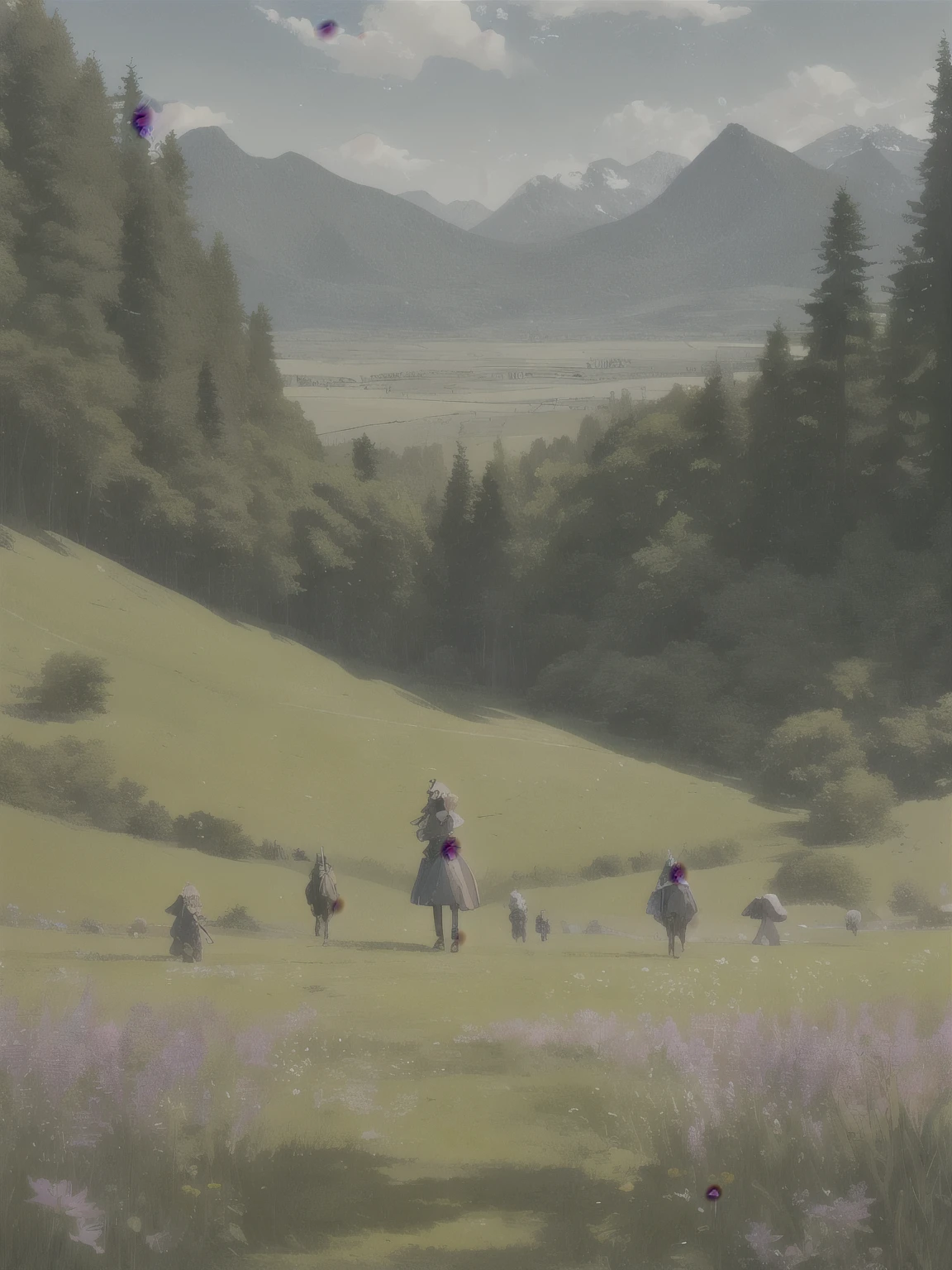 In a green meadow stands a girl leading a group of knights.
BREAK
With a brave expression, she guides them towards their destination.
BREAK
Behind her, a green forest stretches out and beyond that, mountains rise in the distance.
BREAK
The most suitable effect for this scene would be a watercolor painting technique to capture the softness of the meadow and the fluidity of the movement.