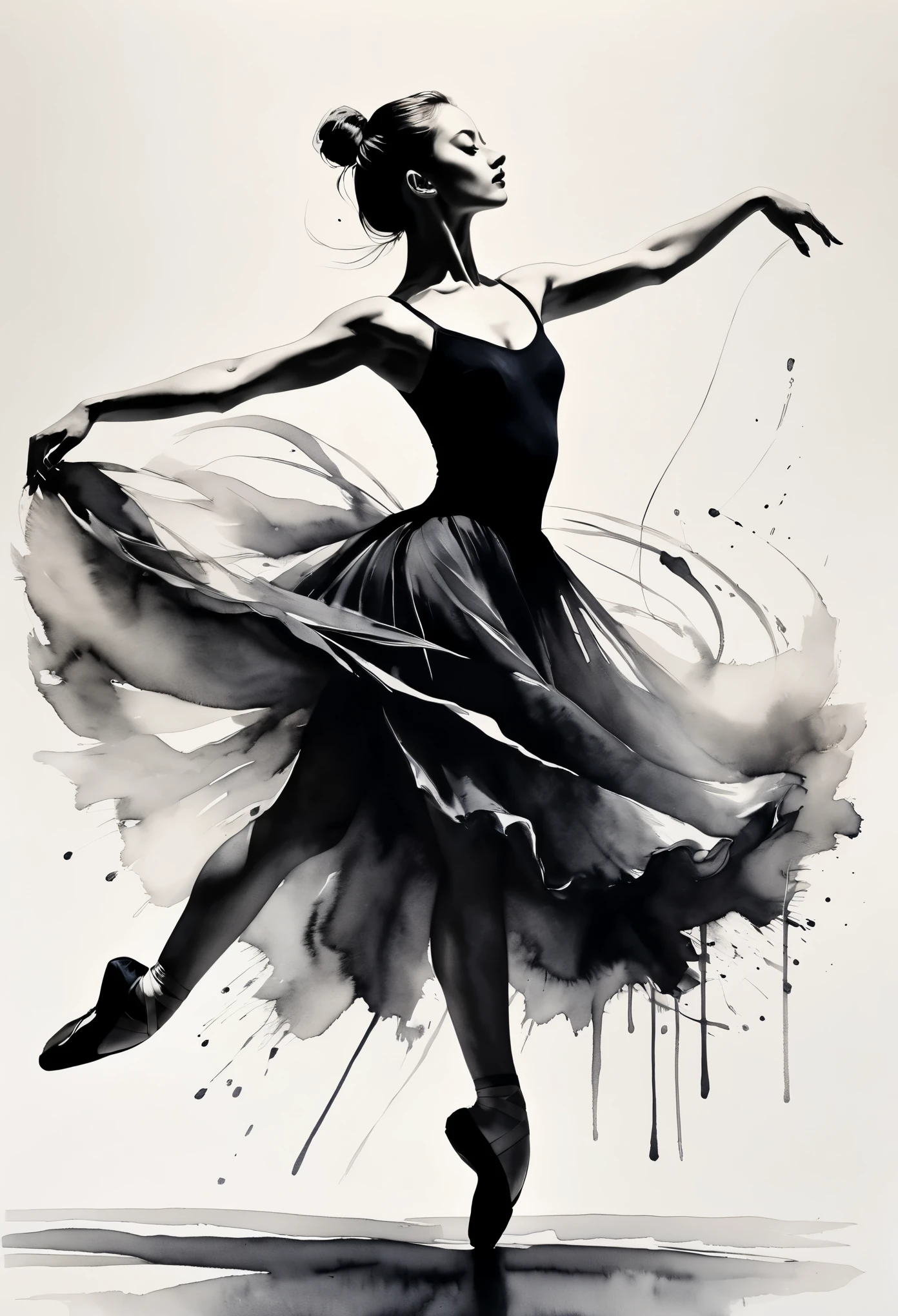 (ballet,girl,ink,fluid lines,expressive,stark contrast,gestures,emotions,simple background,light and shadow,spacious,black ink,ink wash)