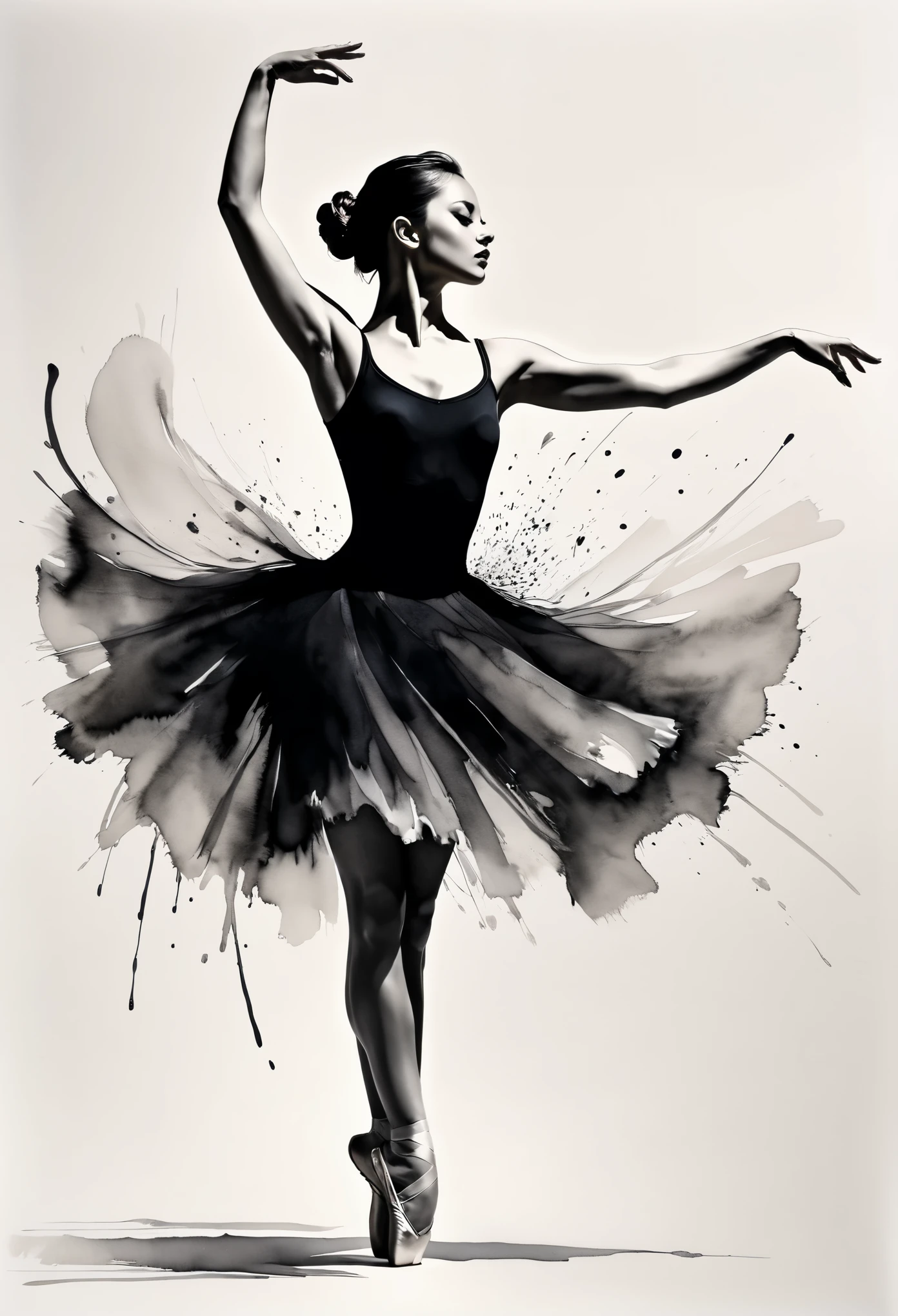 (ballet,girl,ink,fluid lines,expressive,stark contrast,gestures,emotions,simple background,light and shadow,spacious,black ink,ink wash)