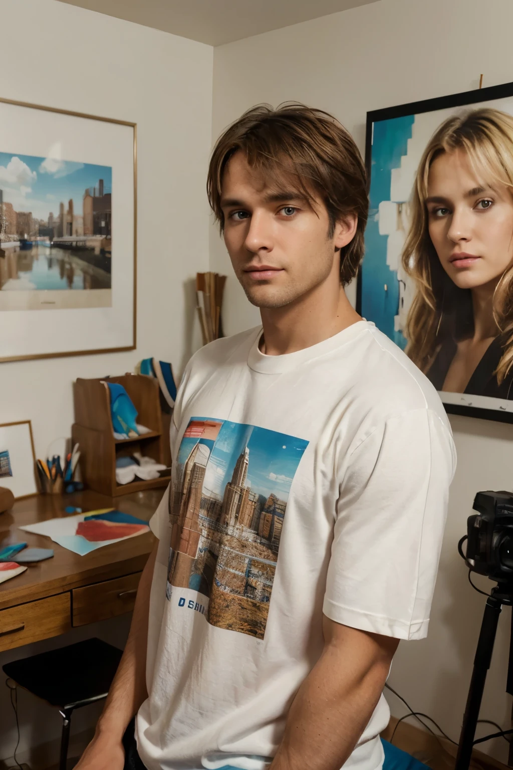 ASMR photo of a 31-year-old sandy-blonde man, messy bangs, in RAW UHD format , kind expressive (brown caramel eyes), in art studio, (worn tshirt), details (textures:0.6), soft warm lighting, very detailed startling eyes (Looking at the camera), DSLR Lighting, SLR camera, Ultra-Quality, Sharpness, detailing (City center), Fujifilm XT3, crystal Clean, The center of the frame, distinctly handsome face, Sharp Focus, detailing skin pores, skin, (complex eye details), full lips, male gaze across from camera, using himself to focus our eyes, to calm us, testing us, intensely focusing her attention on us, kindly welcoming, he's dreamy ways, autumn spring colored outfit, casual confident visual artist, observing us closely in his space, behind him in the background drawings, art supplies and snowboard graphics, ((American, Spanish culture merging in fabrics)), exquisite style and taste, all his attention is on us, he's a healer