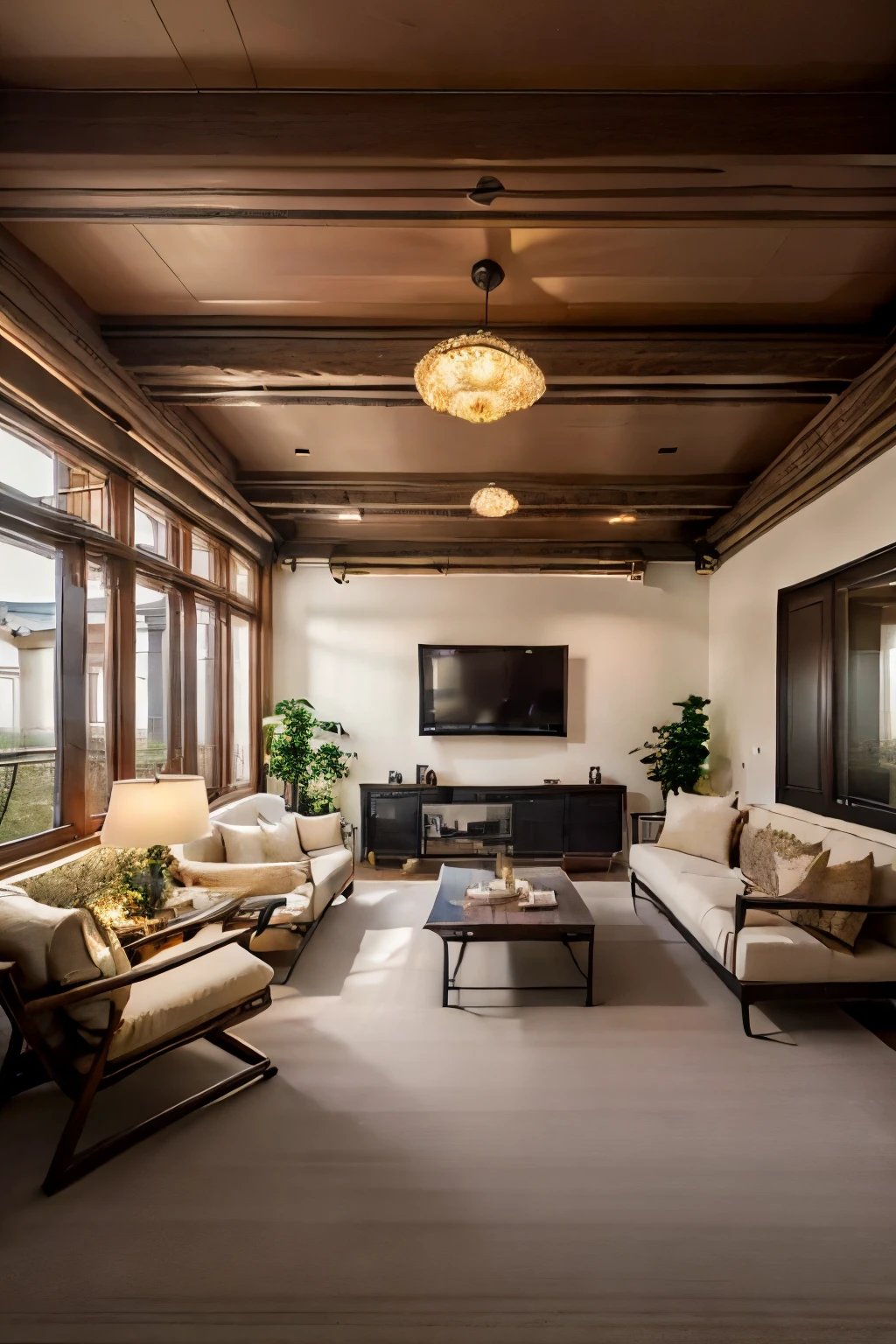 Sunny luxury penthouse living room，The design is similar to China’s domestic log style,Demonstrate the overall spatial layout, straight perspective, Vision TV background wall design, Spacious and comfortable.Light wood style realism. High quality interior decoration.Warmth,