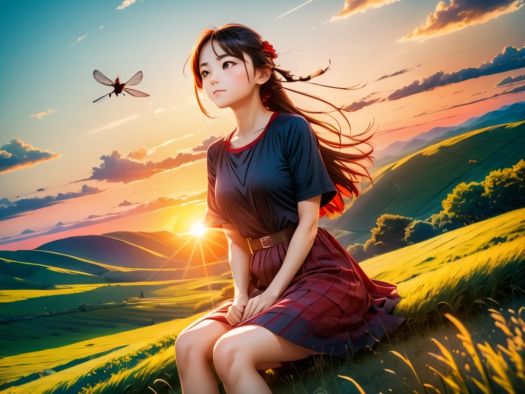 (ultra wide angle,beautiful countryside scenery:1.1),crows,flying red dragonflies,sunset sky in shades of red,girl sitting,15mm wide-angle lens