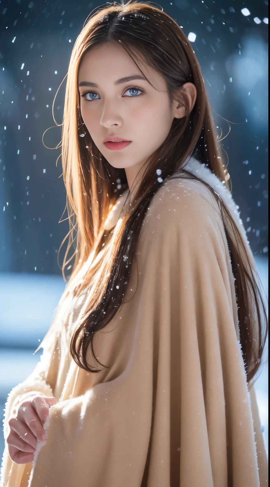 (Best quality, 8K, 32K), (High intaglio printing model),Photorealistic, high resolution, 1 Japan Women, Solo, (ta costume),Gorgeous costumes,Face the audience,(The upper part of the body,upper legs), beautidful eyes, Brown hair, ringed eyes, (outside,Heavy snowfall,Thick fur cape,Cover with snow),snowfield,Blue eyes,Illustrations of the highest quality,A meticulous face