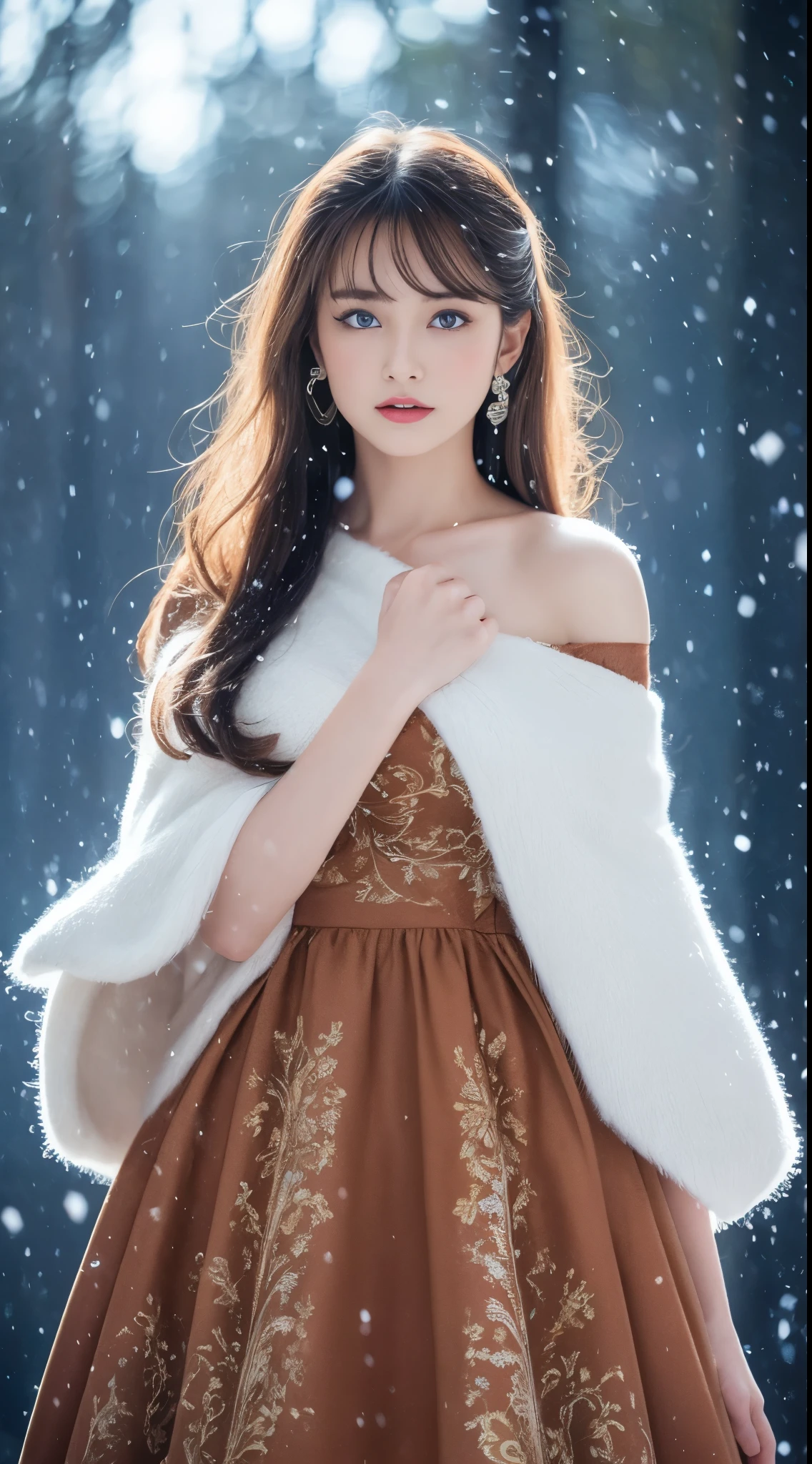 (Best quality, 8K, 32K), (High intaglio printing model),Photorealistic, high resolution, 1 Japan Women, Solo, (Lolita costume)，Gorgeous costumes，Face the audience，(The upper part of the body，upper legs)， beautidful eyes, Brown hair, ringed eyes, (outside，Heavy snowfall，Thick fur cape，Cover with snow)，snowfield，Blue eyes，Illustrations of the highest quality，A meticulous face