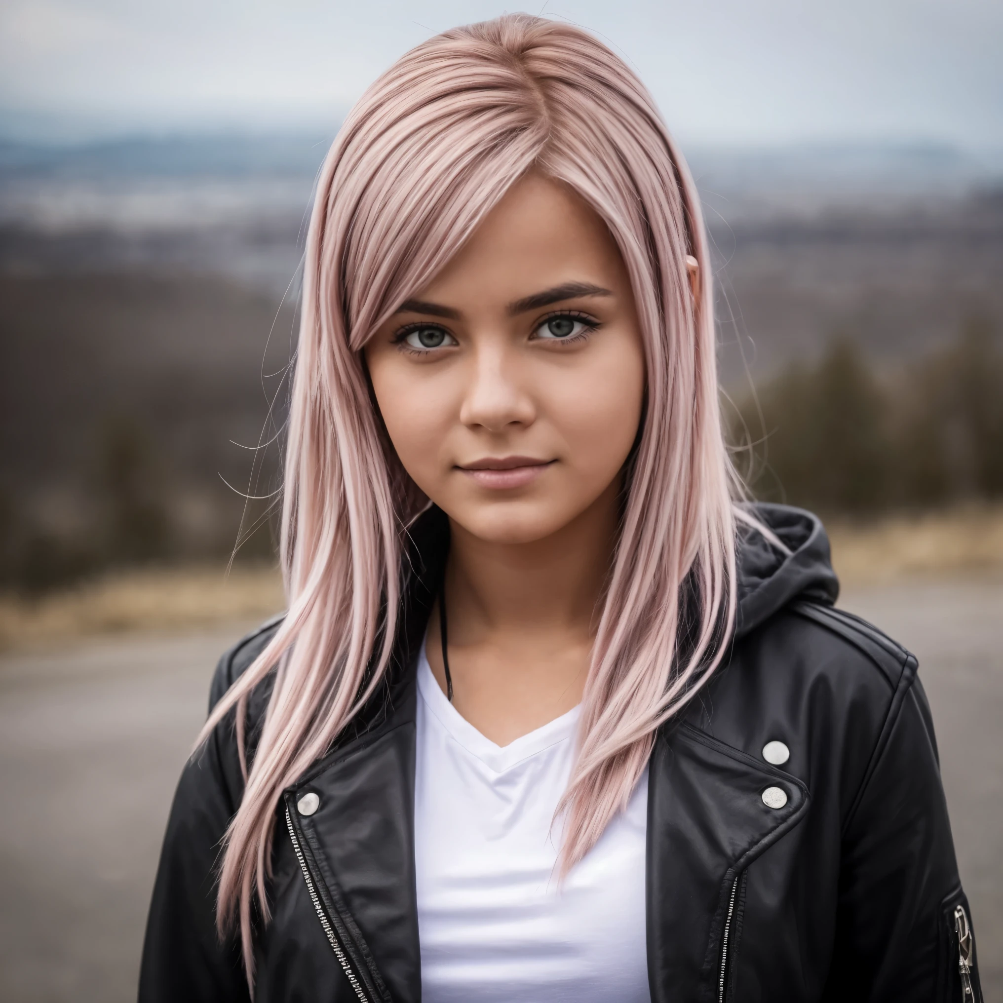 a young sweden girl with pink hair and a black jacket is calm at the camera with a city in the background, a character portrait, reddish hair, (brown eyes:1.3), twintails, epic realistic, close up photo, upper body, wasteland clothes, (high detailed skin:1.2), 8k uhd, dslr, soft lighting, high quality, film grain
