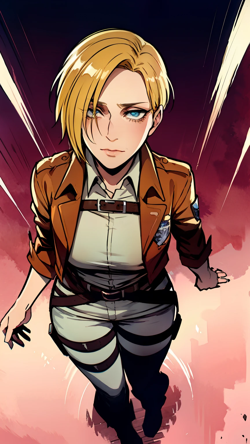 Annie Leonhart , shingeki no kyojin, (masterpiece, top quality, conceptual art, thick black character outlines, Best quality, official art, watercolor, beautiful and aesthetically pleasing: 1.2), extremely detailed, (fractal art: 1.3), in as much detail as possible, HDR, ), vivid vявляетсяual effects, (dynamic stripes, Glowing footprints: 1.2), sexual, wide hips, a big nose, detailed face, detailed eyes, perfect face, Perfect eyes, Military uniforms