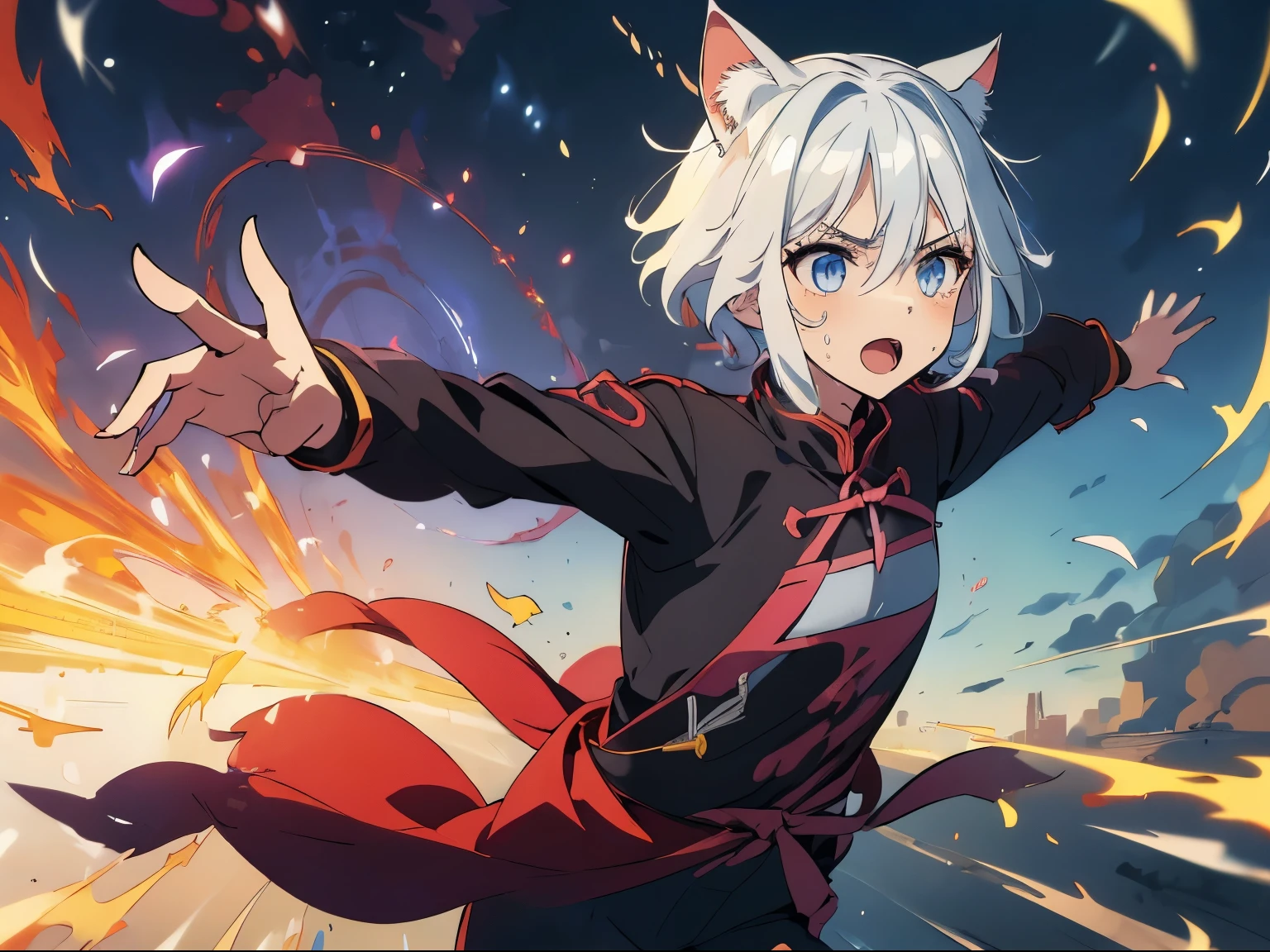 (boy:1.5),masterpiece, A world where magic and technology coexist, (Cat ear:1.5),Cat ear男子 (gray hair, short hair) ,boyish,Hone your skills、Let's go on a journey to uncover the secrets of power.., beautiful eyes、fantasy,depicted in detail,Upper body,sacred magic,Shining magic,pants,sing a song,(running:1.9),Paled face,(sweaty skin:1.5),escape in collapse billding,