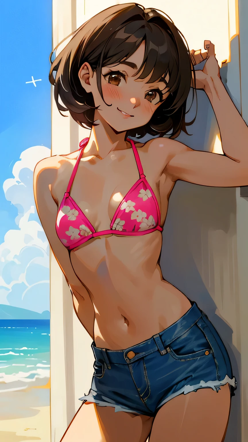 (Best quality, dynamic lighting, highly detailed) Brown haired young woman, mature, beautiful, bob hair, brown eyes, chubby, small to medium breasts, floral pink bikini, smiling brightly, pulling down denim shorts, beach, blue sky.