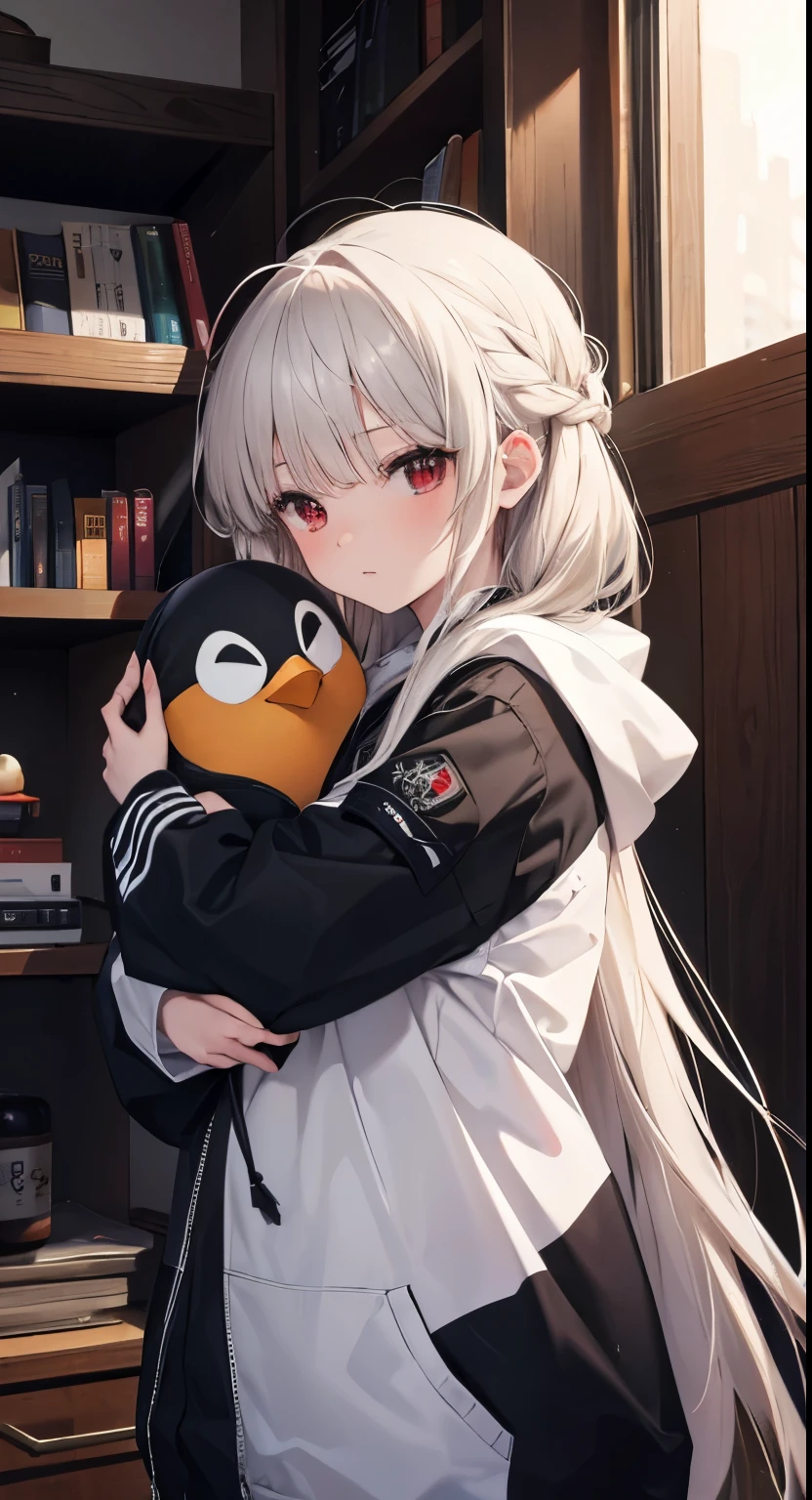 masterpiece, highest quality, High resolution, SA1, white hair,  hoodie, red eyes,long hair,baby face,Hug a stuffed penguin