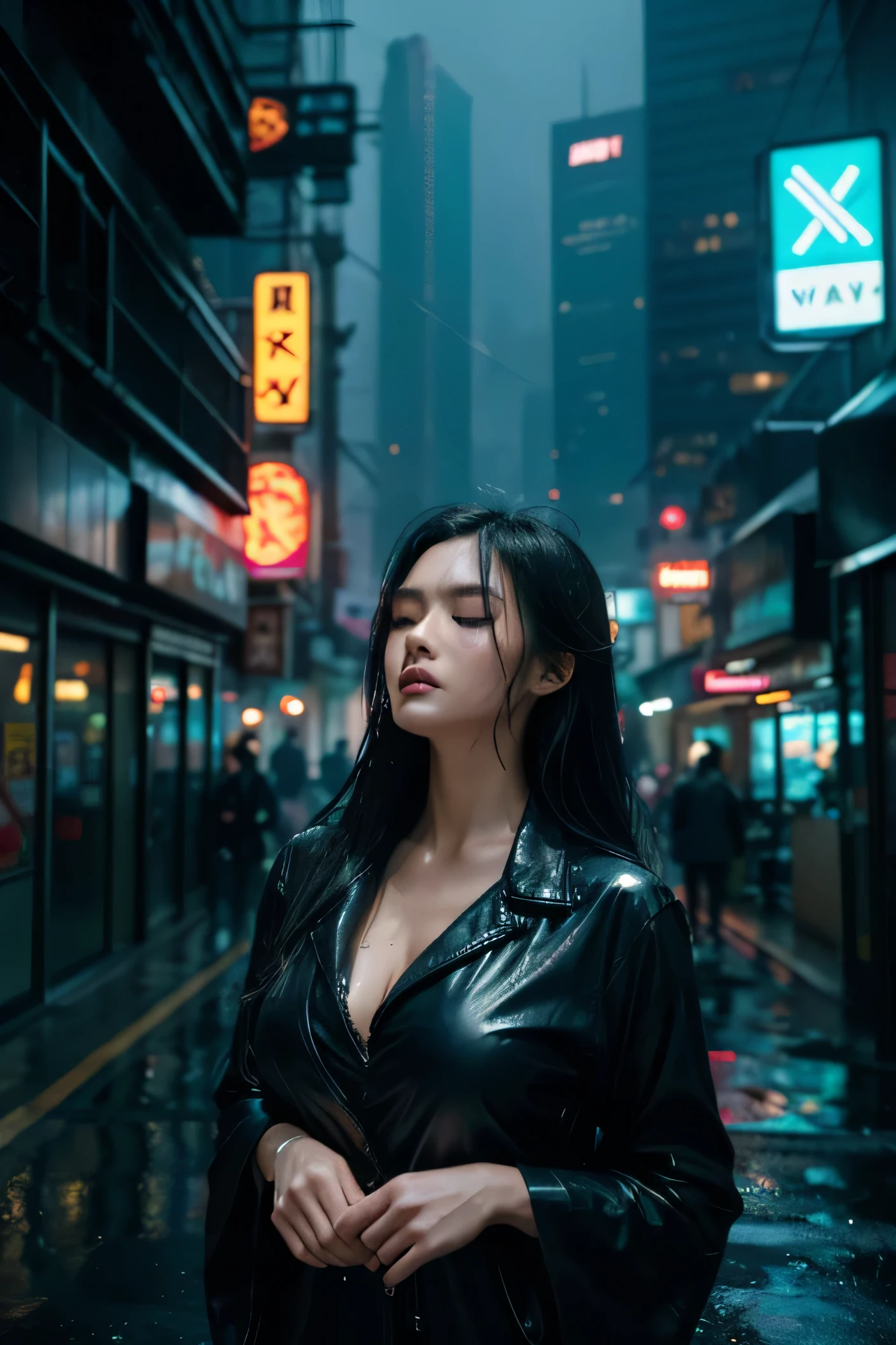 cyberpunk cityscape , dark, moody, raining, Asian woman with long black hair with light highlights, head tilted down, eyes closed, unbuttoned open blouse clinging to her skin, water running down her body, wet hair, wet clothes, mist . neon lights, dark alleys, skyscrapers, futuristic, vibrant colors, high contrast, highly detailed