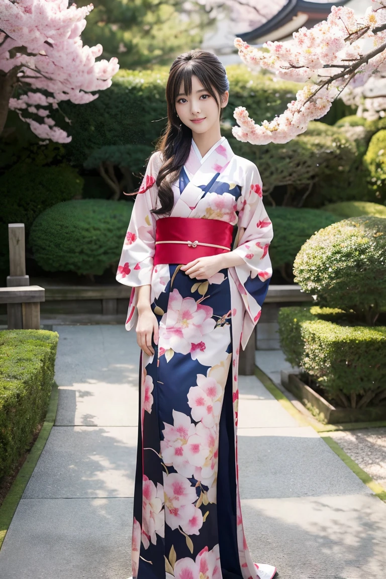 8K,top quality,super detailed,masterpiece,realistic,(((photo realistic)))),live action,highly detailed cute girl,16 years old,one piece,sophisticated gravure idol,young  gravure idol,young pretty gravure idol,realistic young gravure idol, young skinny gravure idol, Bloody lips,Look at the viewer,((Full Length Photo:1.7)),Cute girl in Kimono, Kimono with long hanging sleeves worn by unmarried woman, Traditional Japanese Kimono, Kimono with cherry blossom patterned hem, Beautiful long black hair:1.7,Ponytail:1.1,Beautiful face:1.3,Perfect proportion:1.2,Megabreast:1.3,Textured skin,Very pretty smile:1.3,Slender face:1.7,Sexy expression,Front view:0.7,Bare hands,Symmetrical eyes,Face lit up,Down to hem of kimono,((Full Length Photo:1.7)),Low Angle:1.7,Horyuji garden, soft spring sunlight, 

Translated with DeepL.com (free version)