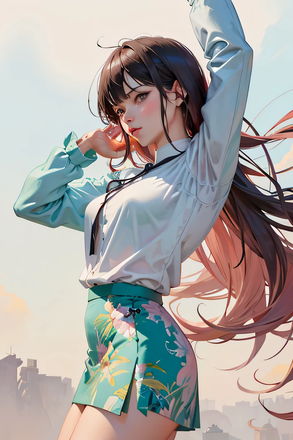 a woman, 1girl, solo,ultra-detailed,pantyhose, perfect face,pink、mountains、near future、cyber-、sea of clouds、Asahi、hope、grow、(1 female:1.2),desolation,dynamic angle, [(Art book: Art book: Art book. Art book.:0.8)|Art by Lyubov Popova], octane render, unity 8k wallpaper, Super detailed, beautiful and aesthetic, Extremely detailed, dynamic angle, the most beautiful form of chaos,elegant, Designed by brutalists, Bright colors, romanticism, james jean, robbie dowi antono, Los Tran, francis bacon, Michal Mraz, Adrian Genie, Petra Cortright, Gerhard Richter, Takato Yamamoto, ashley wood, Atmospheric, ecstasy of notes,long shot, beautiful background,shirt,skirt,chinese ink touch、spring colors,artistic painting
