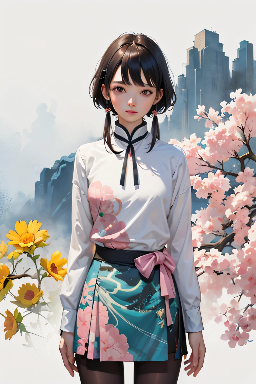 a woman, 1girl, solo,ultra-detailed,pantyhose, perfect face,pink、mountains、near future、cyber-、sea of clouds、Asahi、hope、grow、(1 female:1.2),desolation,dynamic angle, [(Art book: Art book: Art book. Art book.:0.8)|Art by Lyubov Popova], octane render, unity 8k wallpaper, Super detailed, beautiful and aesthetic, Extremely detailed, dynamic angle, the most beautiful form of chaos,elegant, Designed by brutalists, Bright colors, romanticism, james jean, robbie dowi antono, Los Tran, francis bacon, Michal Mraz, Adrian Genie, Petra Cortright, Gerhard Richter, Takato Yamamoto, ashley wood, Atmospheric, ecstasy of notes,long shot, beautiful background,shirt,skirt,chinese ink touch、spring colors,artistic painting
