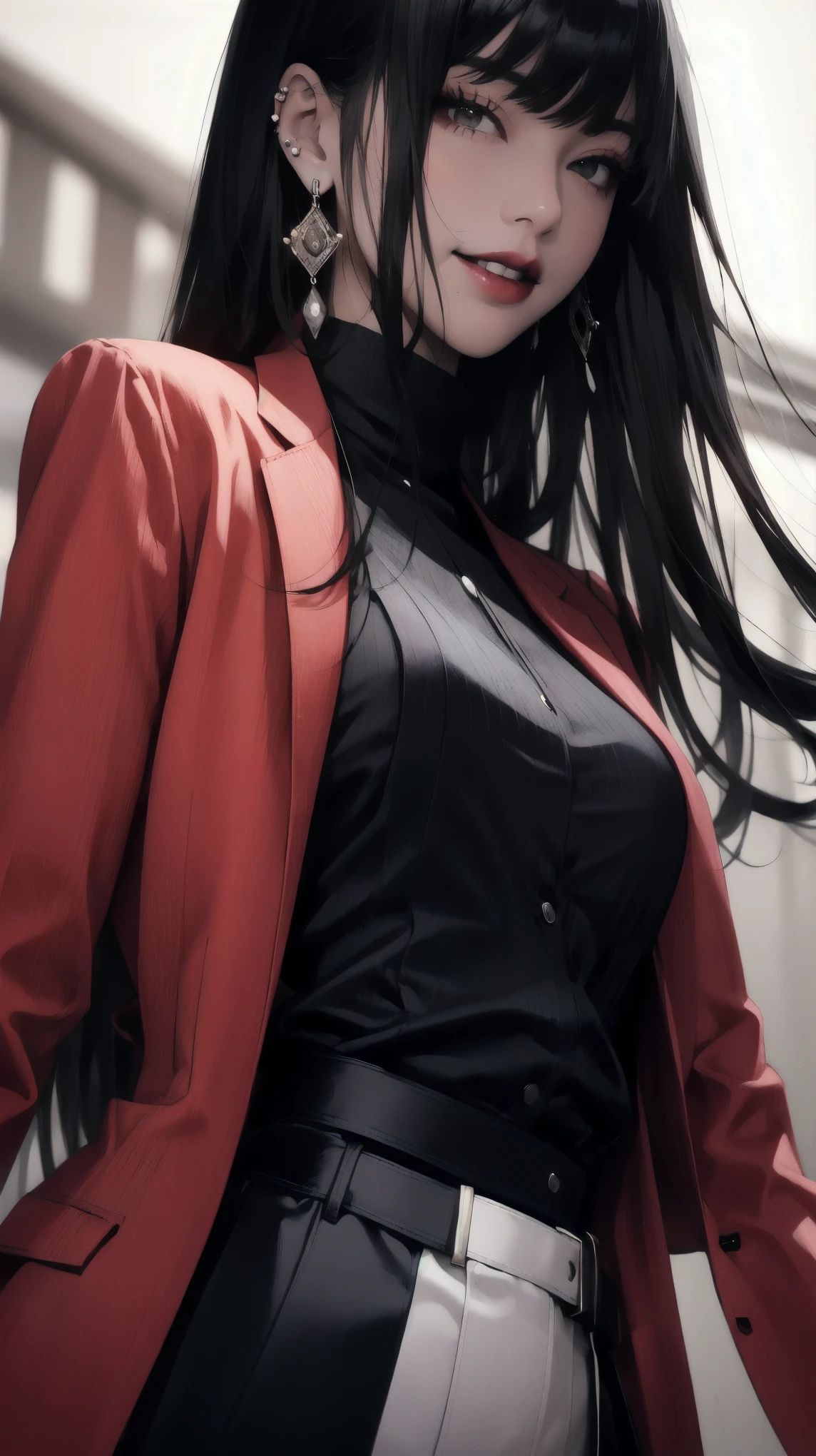 Yumeko Jabami, olhos vermelhos, Yumeko Jabami, red eyes half-open lips (toupeira sob o olho:0.8), Yumeko Jabami milf, sorriso maligno, curved, Uniforme, jaqueta de couro, saia, seios pequenos, (inclinando-se para frente:1.2), olhando para o espectador, Bokeh, Film grain, (De baixo), epic photo, boca fechada, pink lips and red eyes, garota de cabelos escuros e cacheado, linda, magical aura, Yumeko Jabami tem olhos vermelhos, olhos de cor carmesim, ela tenho olhos escarlate, ela anda em um corredor escuro, sua belaza se dustancando entre o lugar, seus olhos vermelhos brilhando, Yumeko Jabami usa uma jaqueta de couro, blusa curta, todos tem medo dela, ela usa uma calsa jeans