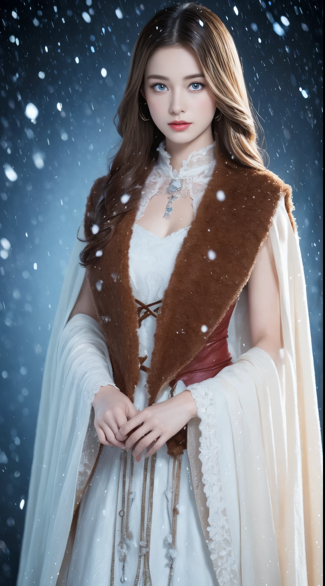 (Best quality, 8K, 32K), (High intaglio printing model),Photorealistic, high resolution, 1 Japan Women, Solo, (Lolita costume),Gorgeous costumes,Face the audience,(The upper part of the body,upper legs), beautidful eyes, Brown hair, ringed eyes, (outside,Heavy snowfall,Thick fur cape,Cover with snow),snowfield,Blue eyes,Illustrations of the highest quality,A meticulous face