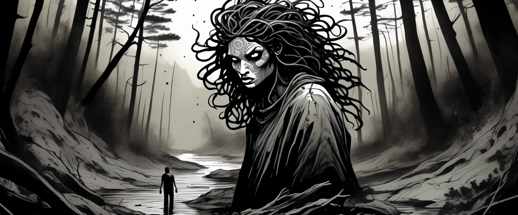emerging from abyss black void darkness, ink style figure, fisheye lens, upclose portrait, ultra wide angle background pine barrens at dusk, gorgon medusa intense piercing look, expressive ink cartoonish, splash page compressed comic cover art, cinematic poster, candid, ((art style expressive Joelle Jones and "Sean Gordon Murphy" comic drawing)), (craftsmanship nuance, (art style Gerardo Zaffino charcoal), subliminal orchids, nyctophobia, (wordless, single image),